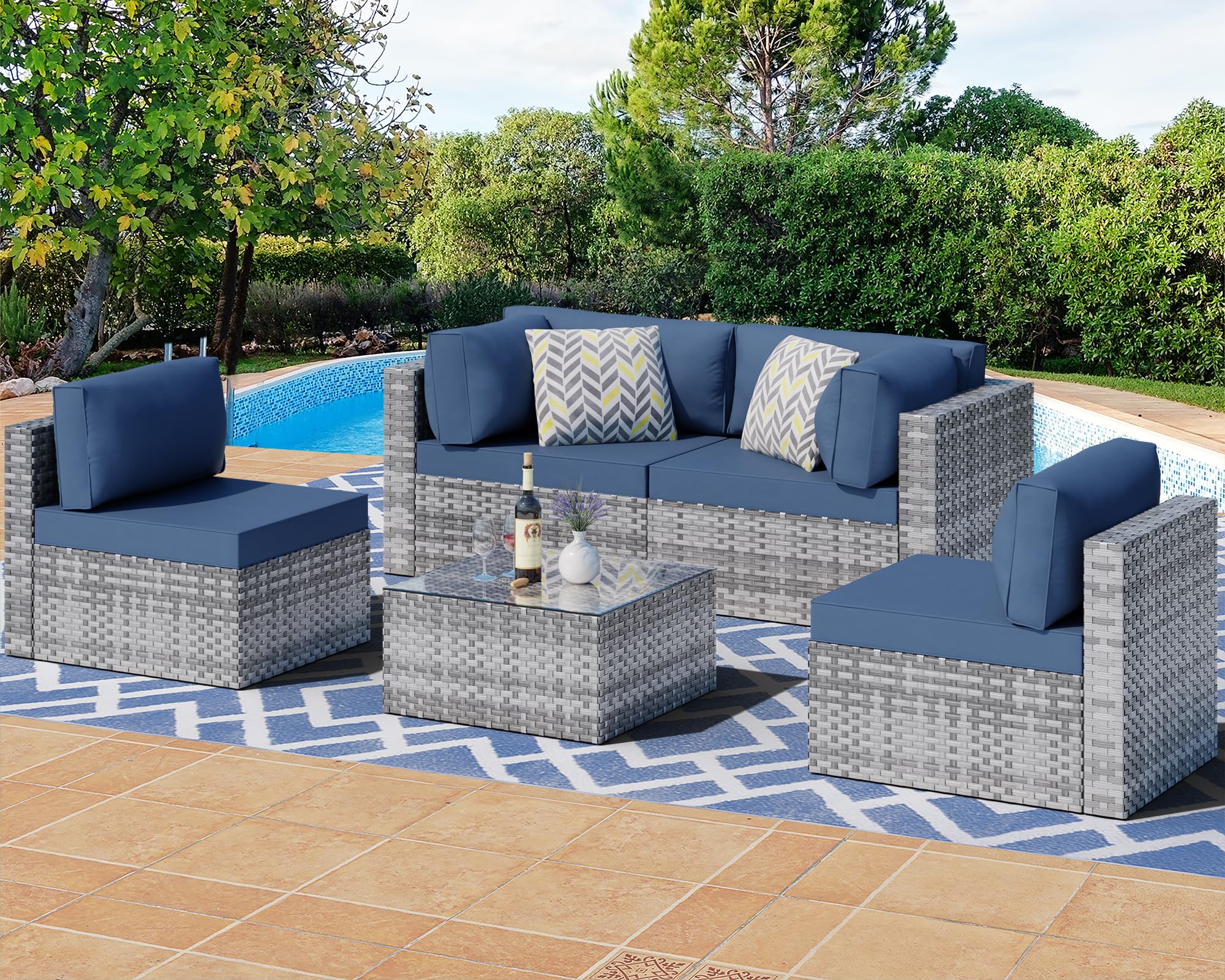 Shintenchi 5-Piece Outdoor Patio Sectional Sofa Set with Washable Cushions & Glass Coffee Table - PE Wicker Furniture in Aegean Blue for Garden, Poolside, Backyard | Perfect for Outdoor Entertaining, Relaxation & Lounging