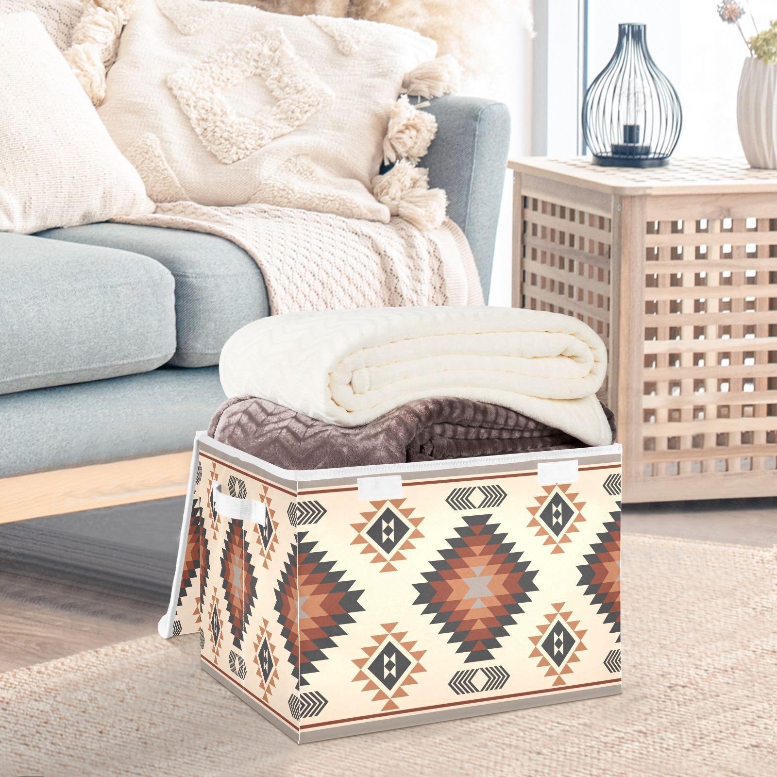 Aztec Style Foldable Fabric Storage Bins with Lids - Brown Ethnic Collapsible Organizer Baskets for Home, Bedroom, Closet & Office Organization | Perfect for Clutter Control & Space Saving Storage