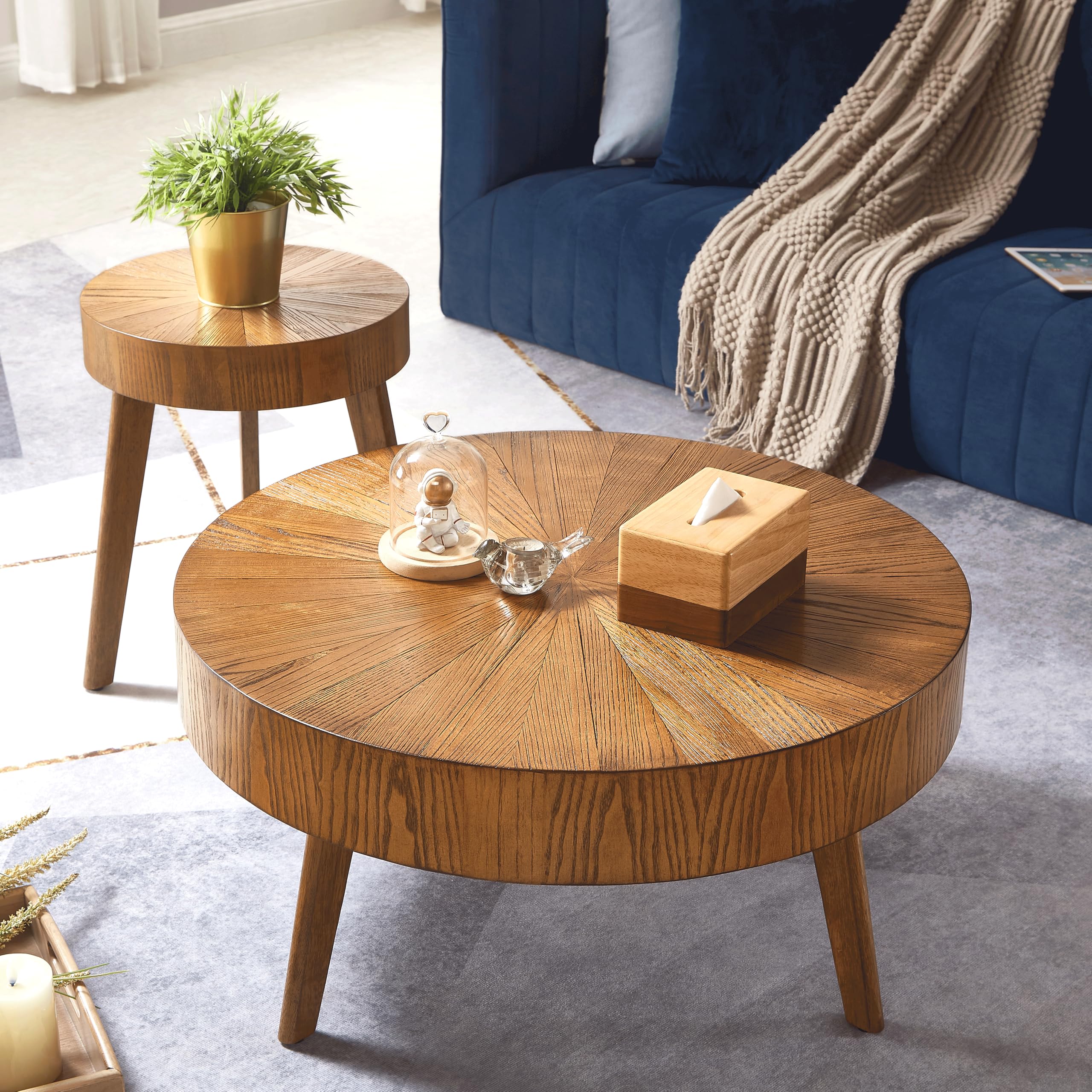 Gexpusm 2-Piece Round Wood Coffee Table Set - Farmhouse Solid Wood Coffee Table & End Table for Living Room, Rustic Circle Side Table Set, No Assembly Required (31x31x16 in) - Perfect for Cozy Living Spaces, Farmhouse Decor & Small Apartment Furniture