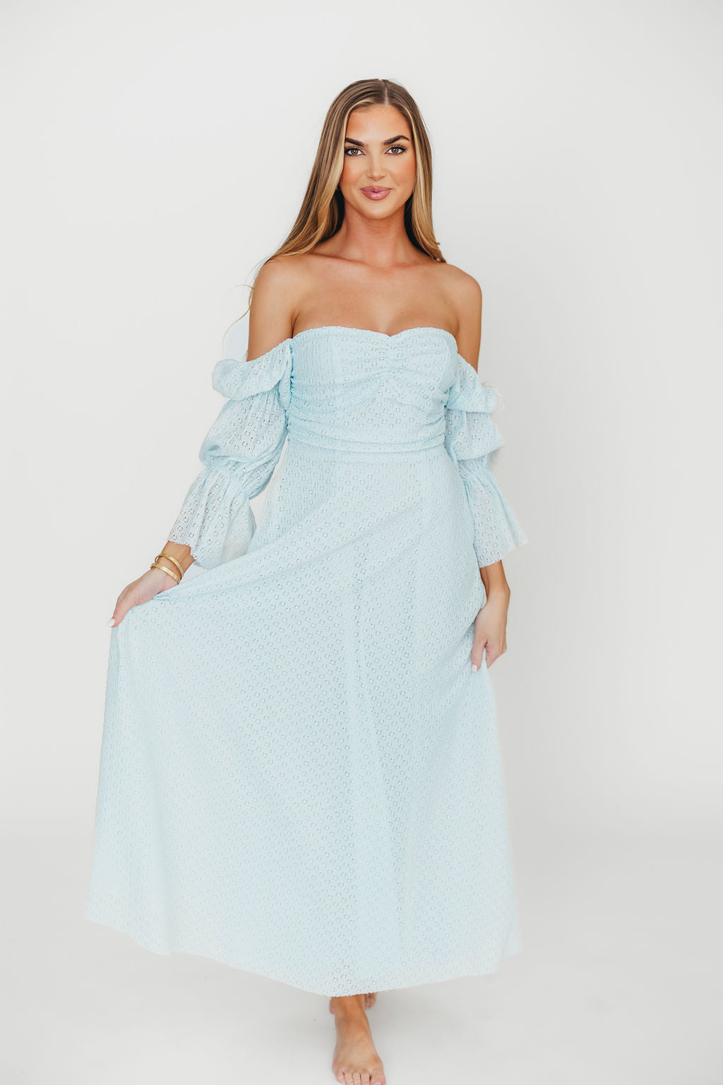 Corrine Tiered Sleeve Maxi Dress with Pockets - Baby Blue Maternity Dress | Bump Friendly & Comfortable for Pregnancy, Nursing, Baby Showers and Special Occasions