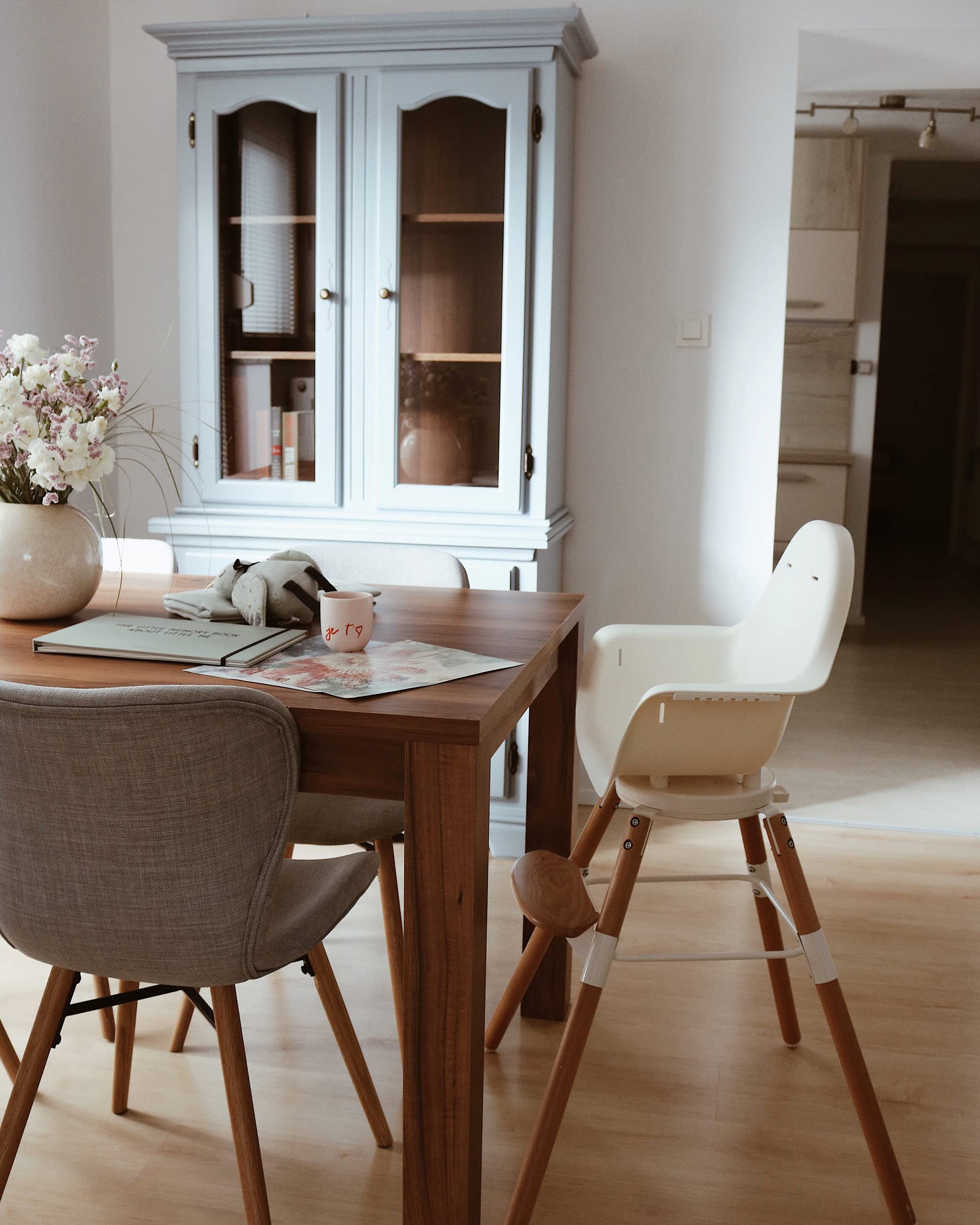 Childhome Evolu One.80° High Chair - 2 in 1 Baby High Chair with 180° Swivel, Adjustable Height & Portable Design | Modern Sleek High Chair with Beechwood Legs in White | Perfect for Dining, Feeding & Playtime