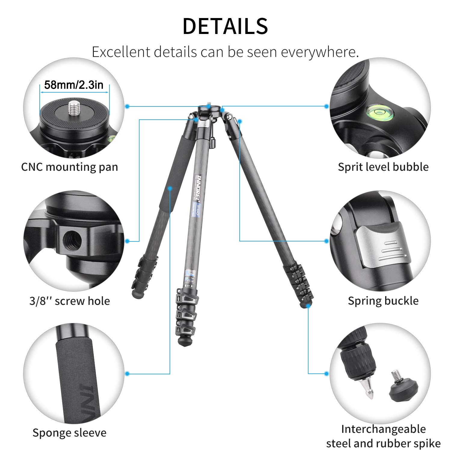 INNOREL ST324CF 32mm Carbon Fiber Tripod with Lever Lock - Heavy Duty Professional Camera Tripod Supports 30kg, 13-158cm Adjustable Height - Includes 58mm Bowl Adapter, Carry Bag & Camera Strap for Photography, Videography & Outdoor Shooting