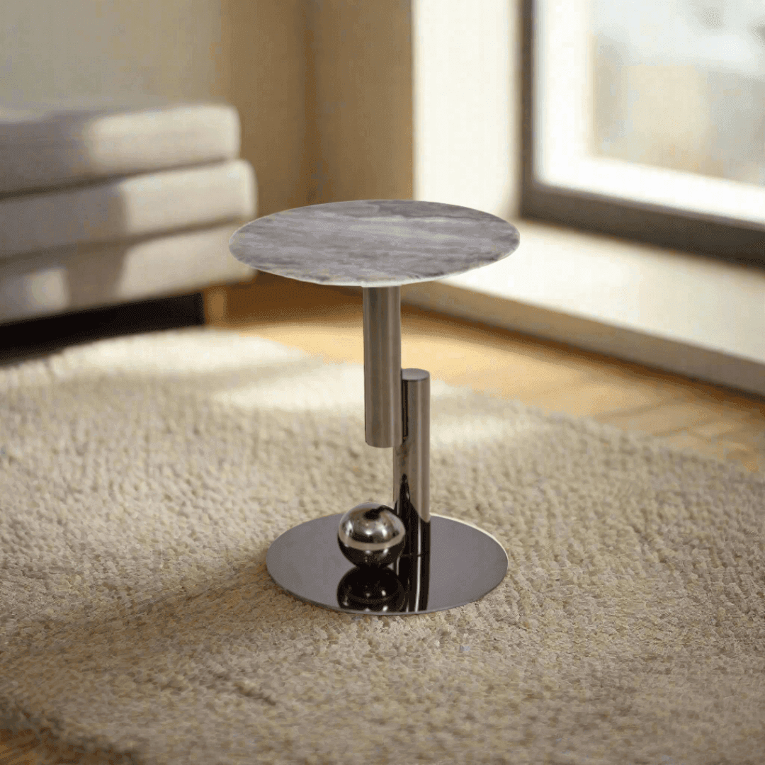 Giada Cultured Marble Side Table with Dark Grey Base - Modern End Table for Living Room, Bedroom & Office Decor