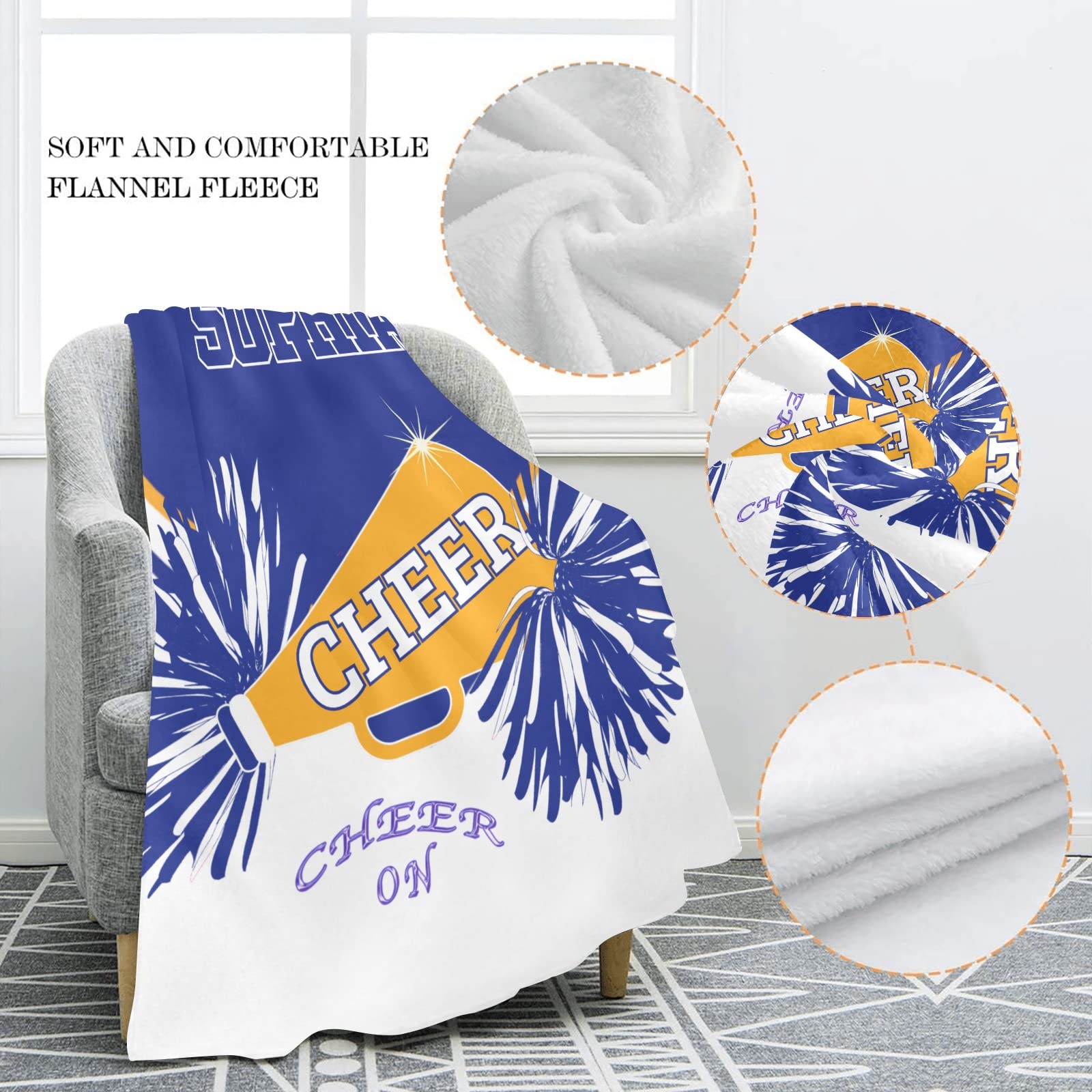 Personalized Cheerleader Blanket - White, Blue & Gold Soft Throw Blanket 50x60 Inch for Bed, Sofa, Couch, Travel, Camping & Hiking - Cozy Gift for Sports Fans & Outdoor Enthusiasts