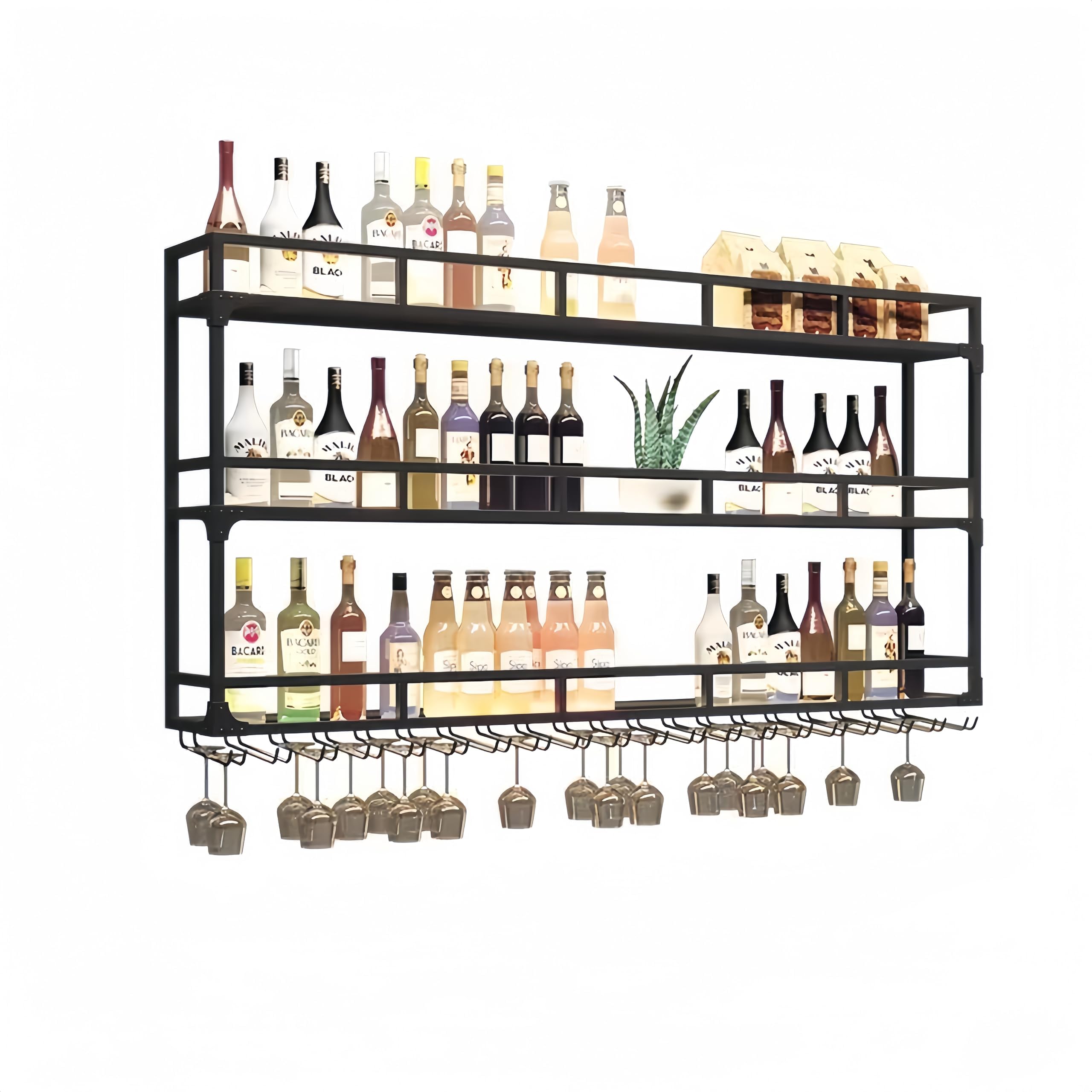3-Tier Wall Mounted Wine Rack with LED Lights - Modern Bar Shelves for Wine, Liquor Bottles & Hanging Glasses - Space-Saving Kitchen, Dining Room & Home Bar Decor (Black, 47 Inch) - Perfect for Entertaining Guests & Displaying Your Wine Collection