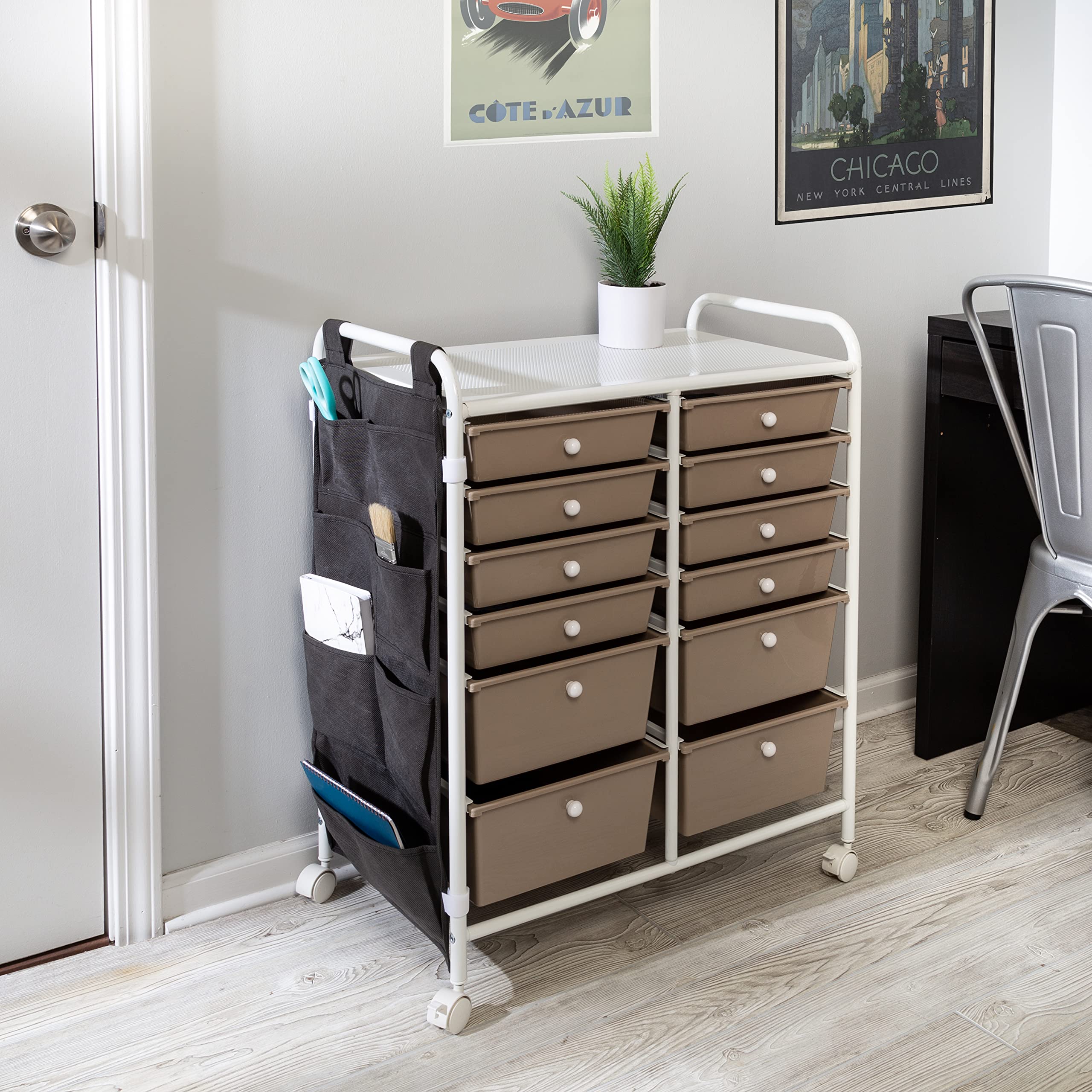 Honey-Can-Do 12-Drawer Metal Rolling Storage Cart with Side Pockets, White CRT-09104 - Perfect for Home Organization, Office Supplies, and Craft Room Storage