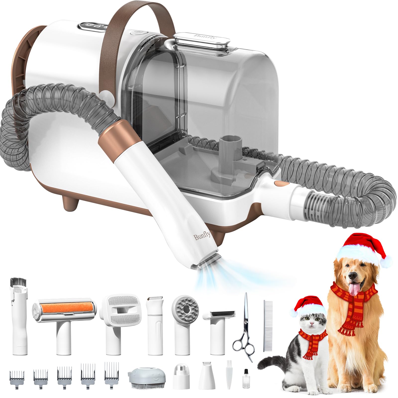 Bunfly Dog Grooming Kit - 3L Large Capacity Pet Vacuum with 13000Pa Strong Suction, 99.99% Hair Removal for Dogs & Cats, 11-in-1 Grooming Tools, Ultra Quiet (Brown & White) - Perfect for Home Pet Grooming & Shedding Control