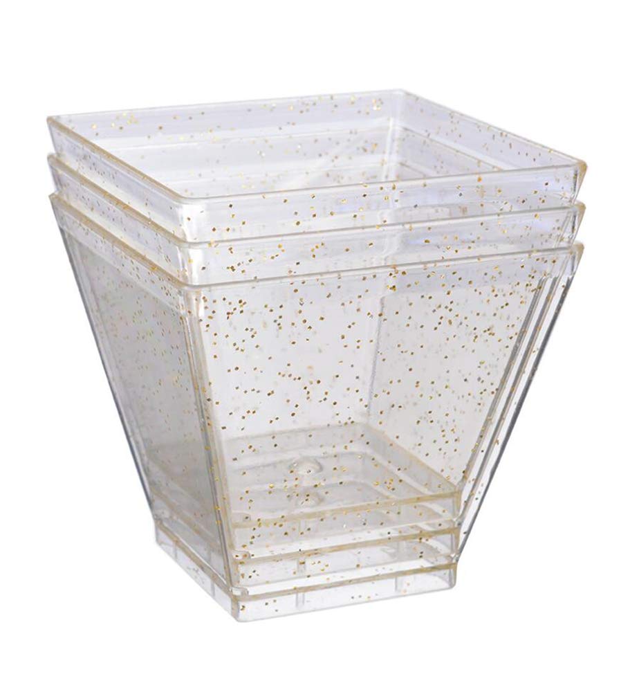 2 Ounce Hexagon Gold Glitter Disposable Plastic Dessert Cups - 50 Pack for Appetizers, Mousse, Cake, Pudding, Party & Restaurant Use - Perfect for Elegant Dessert Serving & Entertaining