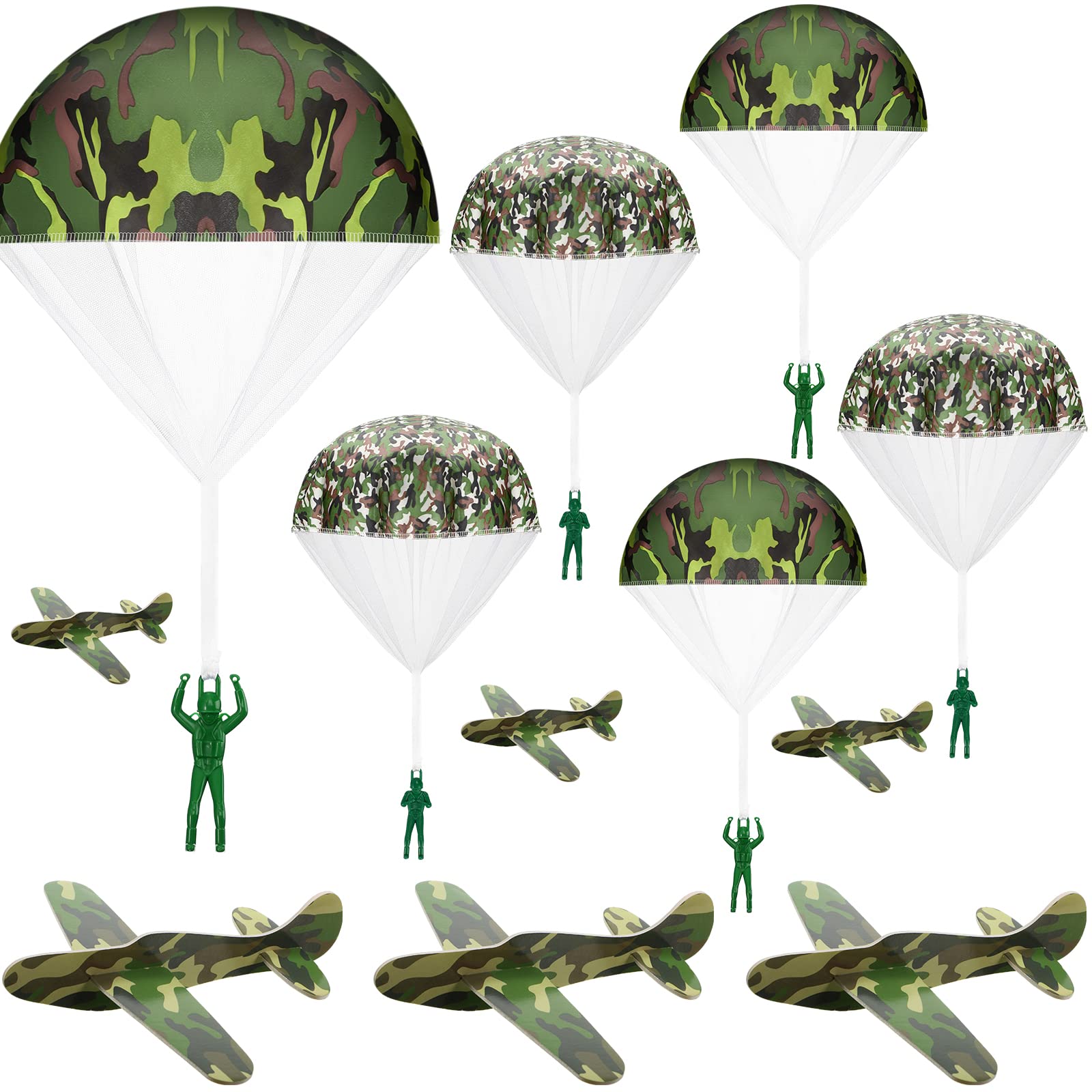 Jerify 10-Piece Parachute Army Men Toys & 10 Camouflage Foam Airplanes Set - Bulk Camo Glider Planes & Parachute Soldiers for Outdoor Play, Birthday Gifts, Kids Party Favors, and Backyard Fun Activities