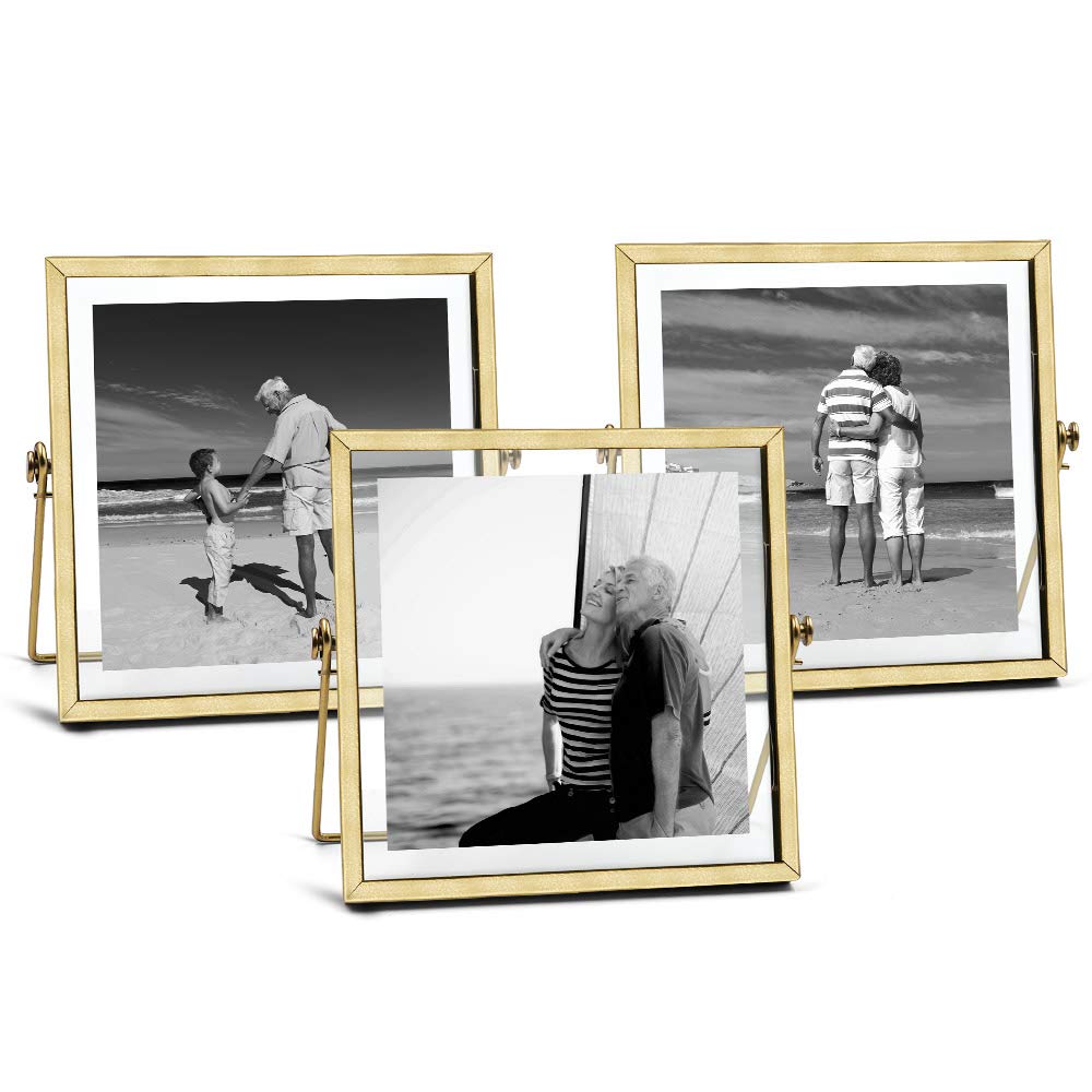 AceList 3-Pack Gold Metal Photo Frames 4x4 - Elegant Floating Glass for Home & Office Decor