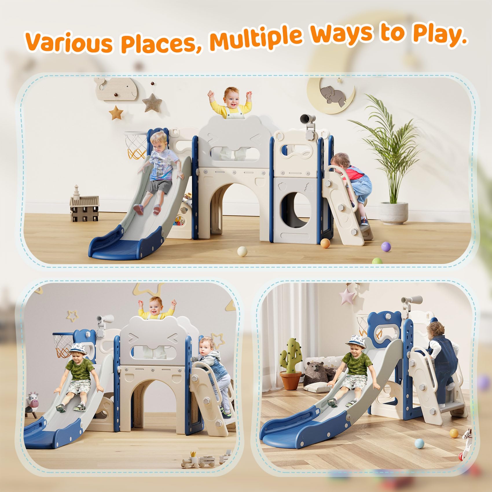 **Babytronic 8-in-1 Toddler Slide Set for Kids Ages 1-3 – Indoor & Outdoor Playground with Basketball Hoop & Telescope – Blue & Gray Baby Slide for Home, Backyard, Daycare & Playroom Fun**