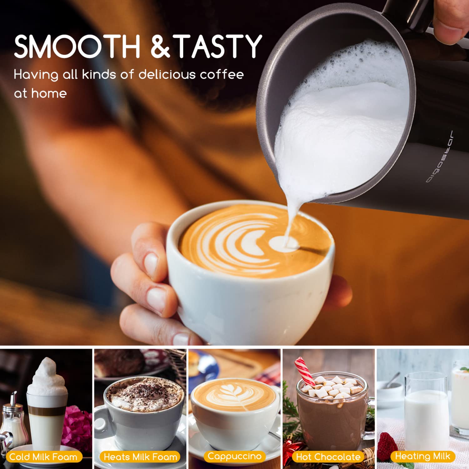 Aigostar 4-in-1 Electric Milk Frother & Steamer - Automatic Hot/Cold Milk Foam Maker for Coffee, Latte, Cappuccino & Hot Chocolate - Silent Operation, Black - Perfect for Home Baristas & Coffee Lovers