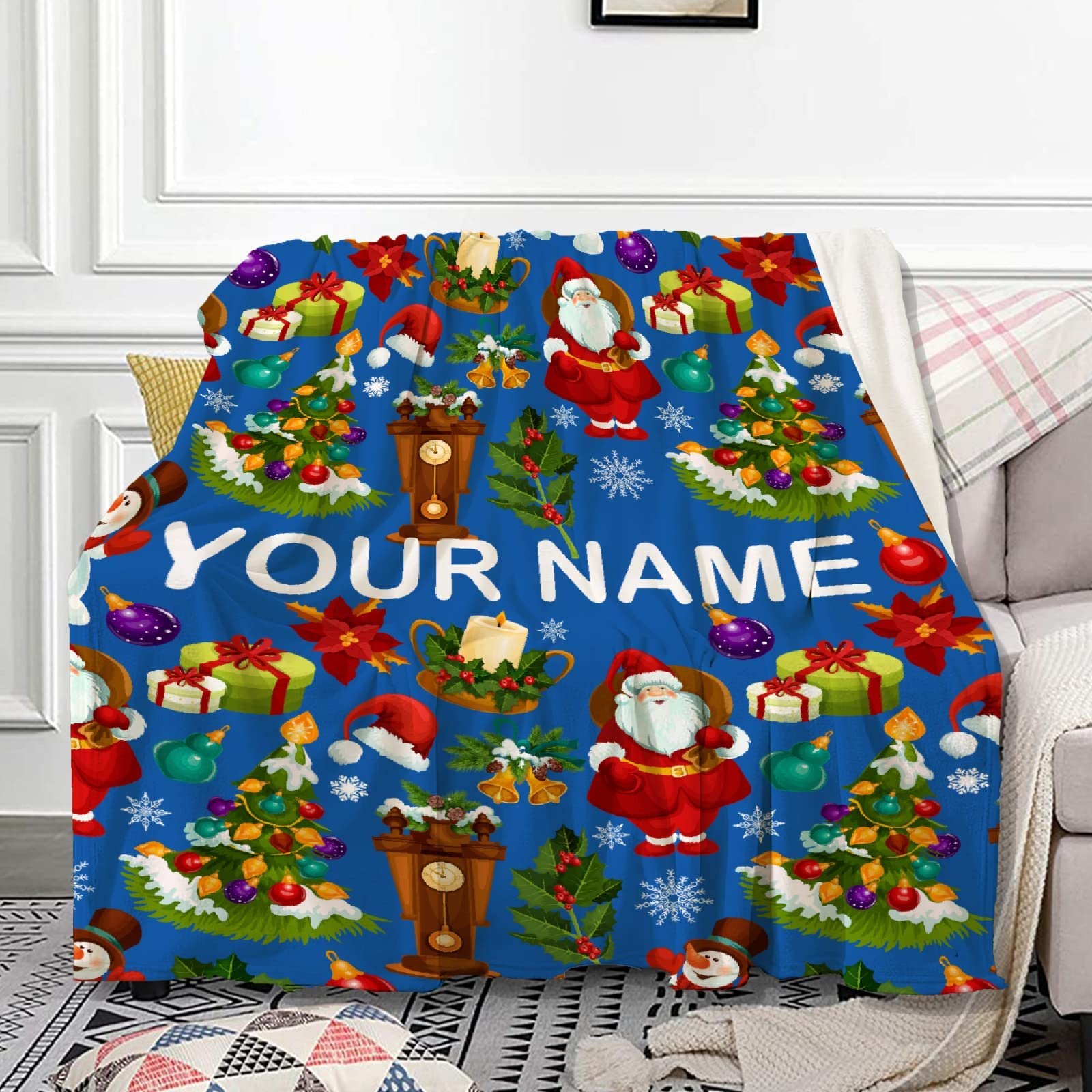 PEEKSTAR Personalized Santa Claus Christmas Throw Blanket - Custom Text Name Fleece Blanket for Couch, Bed & Holiday Decor - Cozy Gift for Family, Travel & Camping - Perfect for Christmas Decorations & Winter Snuggling