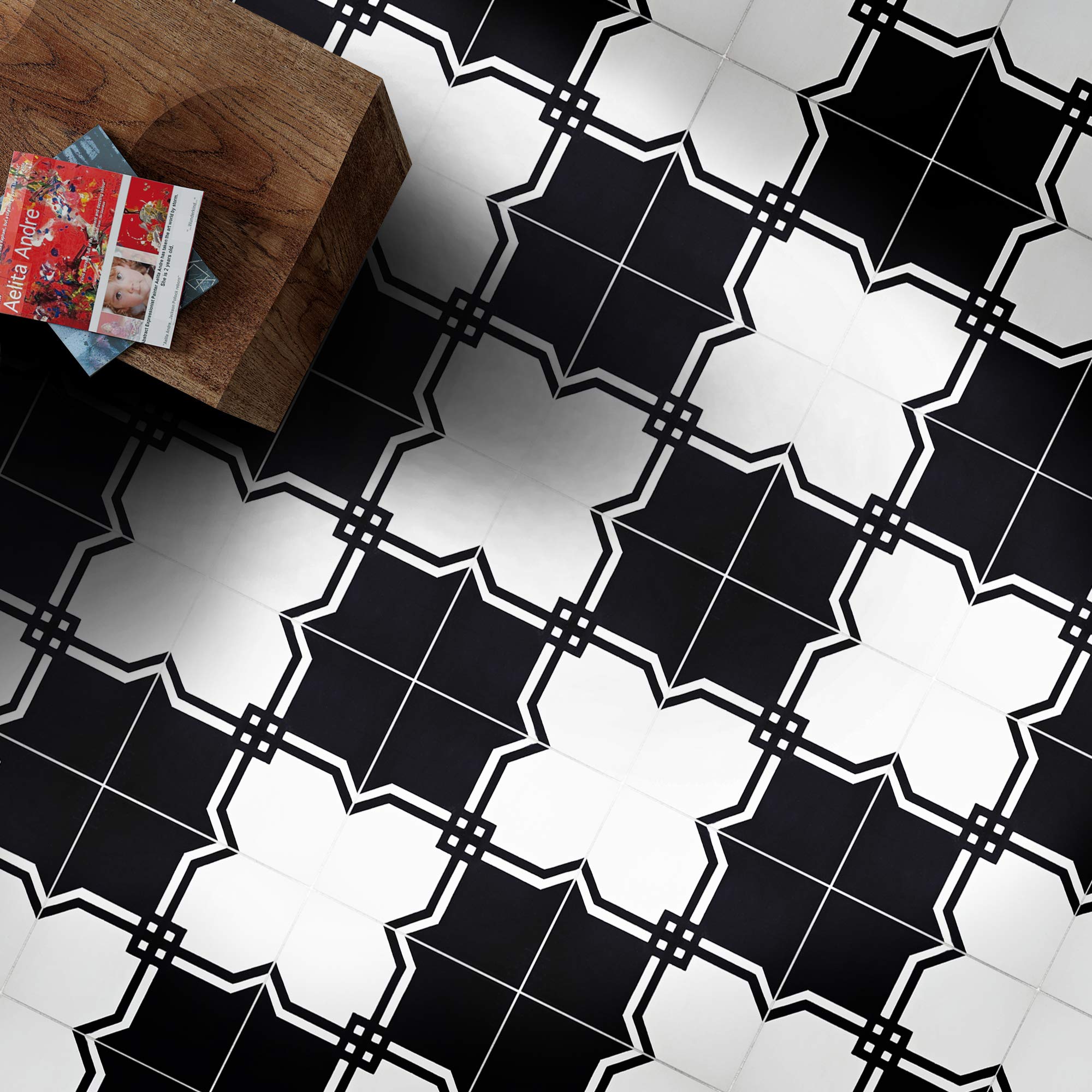 Handmade Moroccan Cement Tile - Pack of 12 Black & White Mosaic for Kitchen Backsplash, Bathroom Floor & Wall Decor | Authentic Marrakech Design CTP59-01