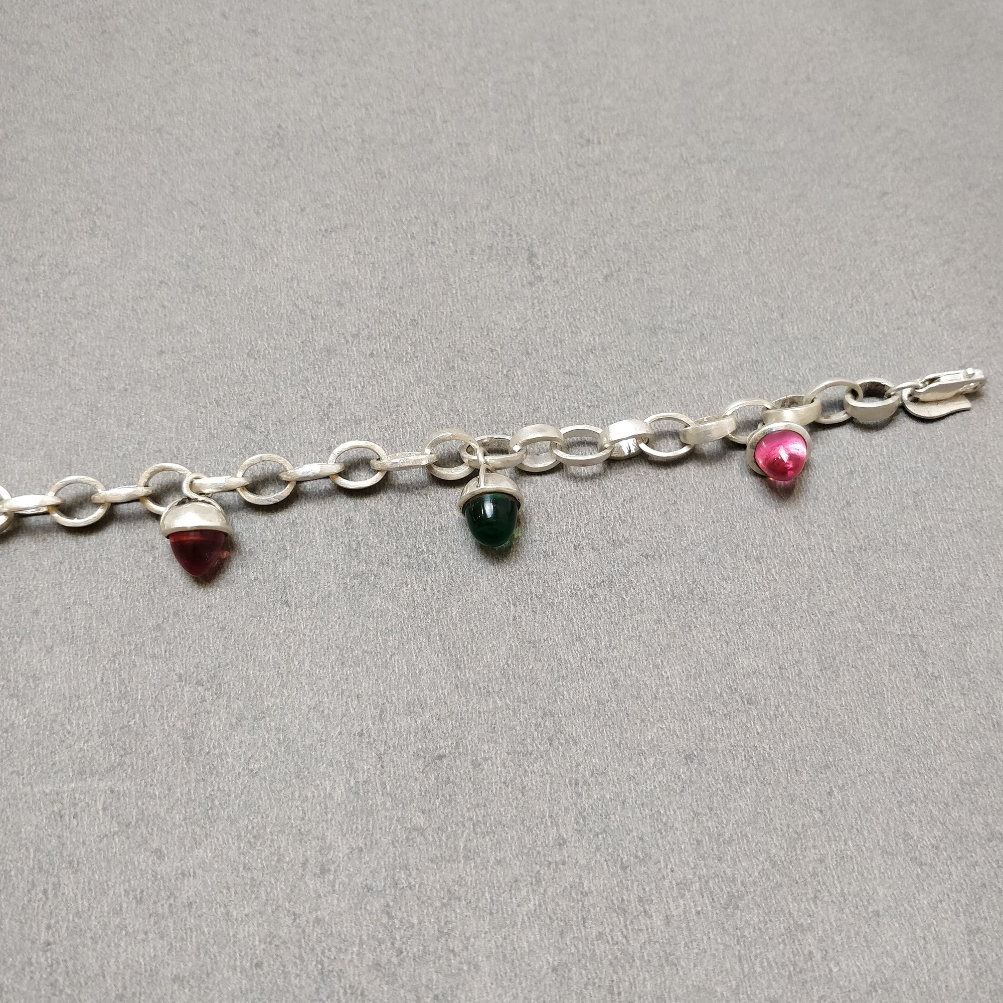 925 Sterling Silver Bracelet with Pink & Green Rhinestones - 6 Mini Bullet Charms & Lobster Clasp Chain (8.5 Inch) for Women's Fashion Jewelry | Gift for Birthday, Anniversary & Valentine's Day