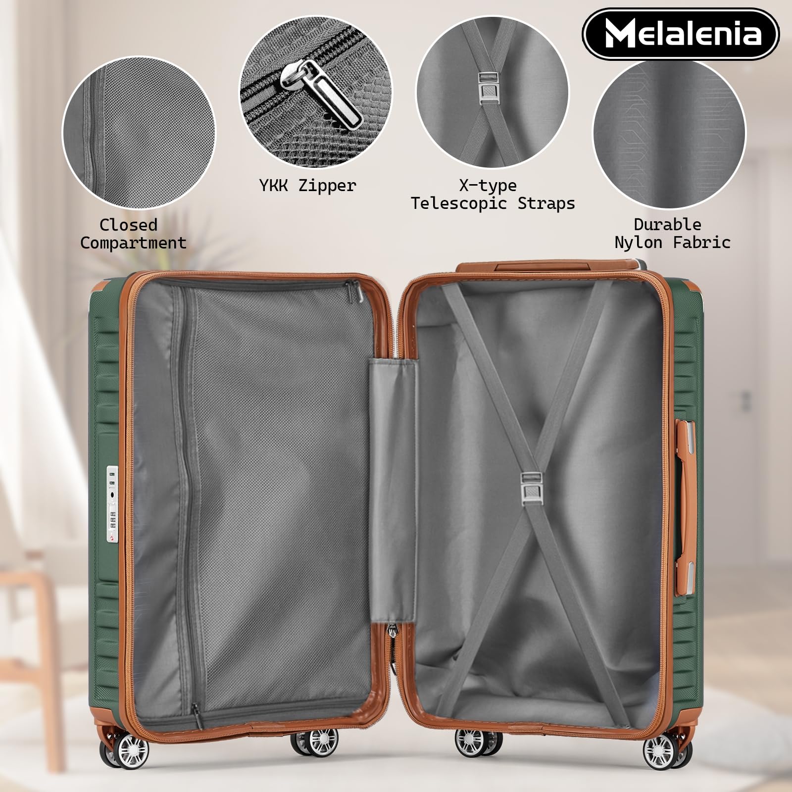 Melalenia 7-Piece Hard Shell Spinner Luggage Set with TSA Lock - Lightweight Carry-On Suitcase & Travel Duffel Bag for Women & Men (Green/Brown) - Perfect for Air Travel, Business Trips & Vacation Getaways