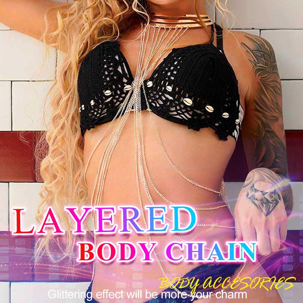 NICUTE 18K Gold Plated Body Chain - Layered Bra Chain with Tassel Shoulder Jewelry for Women | Egyptian Style Belly Dance Accessories | Perfect for Music Festivals, Bachelorette Parties & Beach Vacations