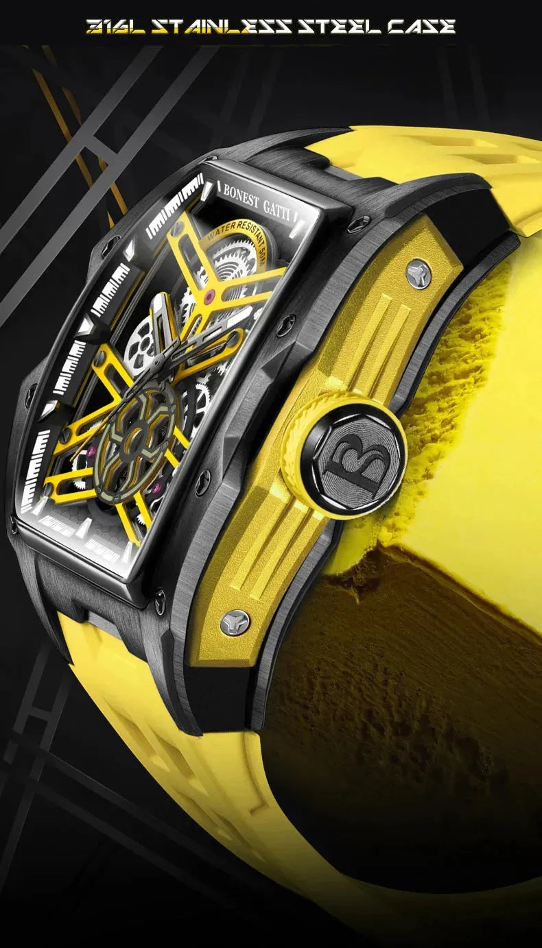 BONEST GATTI Men's Automatic Skeleton Watch - Luxury Military Mechanical Wristwatch with Sapphire Glass, 50M Waterproof & Luminous Hands - Perfect for Business, Formal Events & Outdoor Adventures