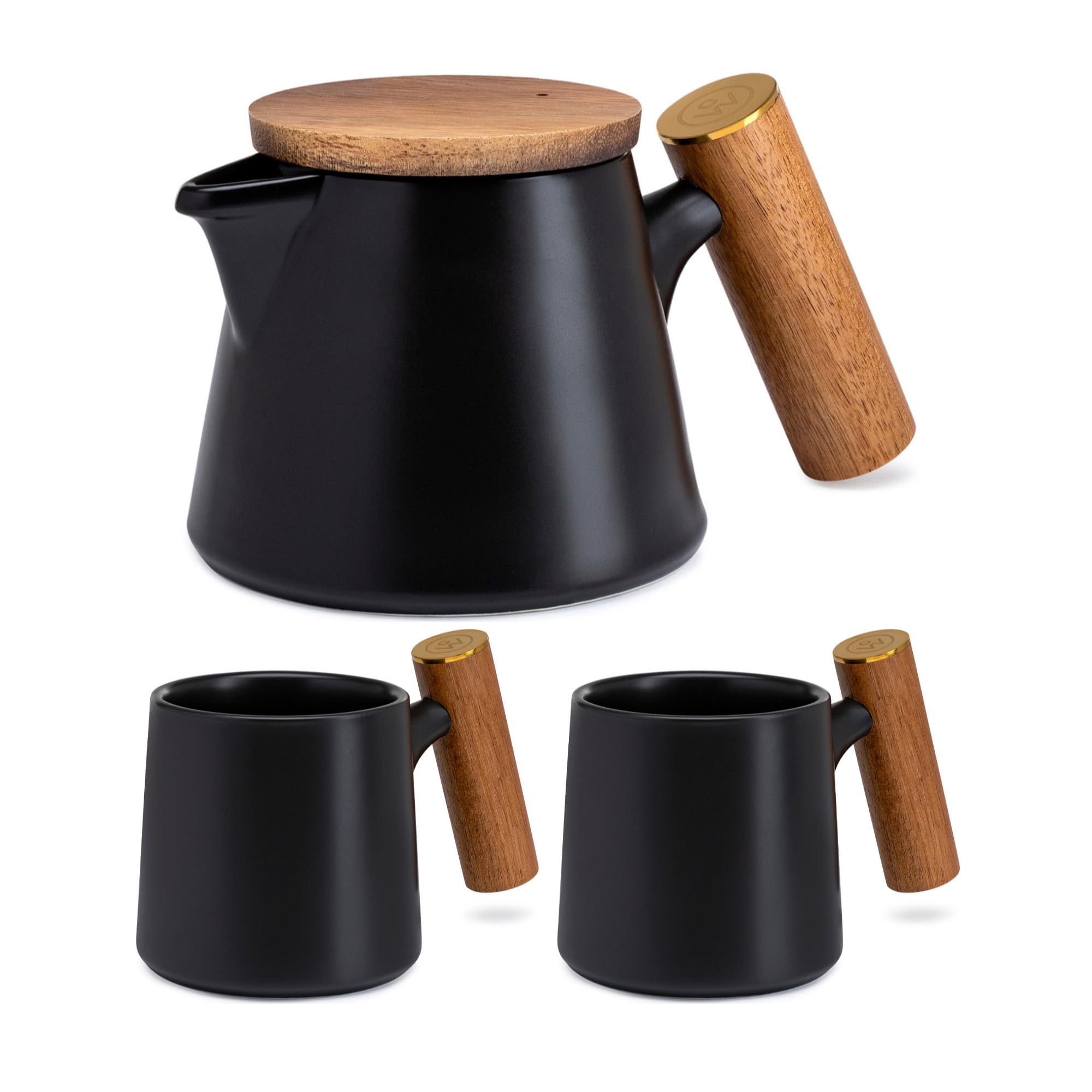 Premium Matte Black Ceramic Tea Pot Set with Stainless Steel Infuser & 2 Matching Mugs - Elegant Tea Brewing Gift for Home, Office or Restaurant Use