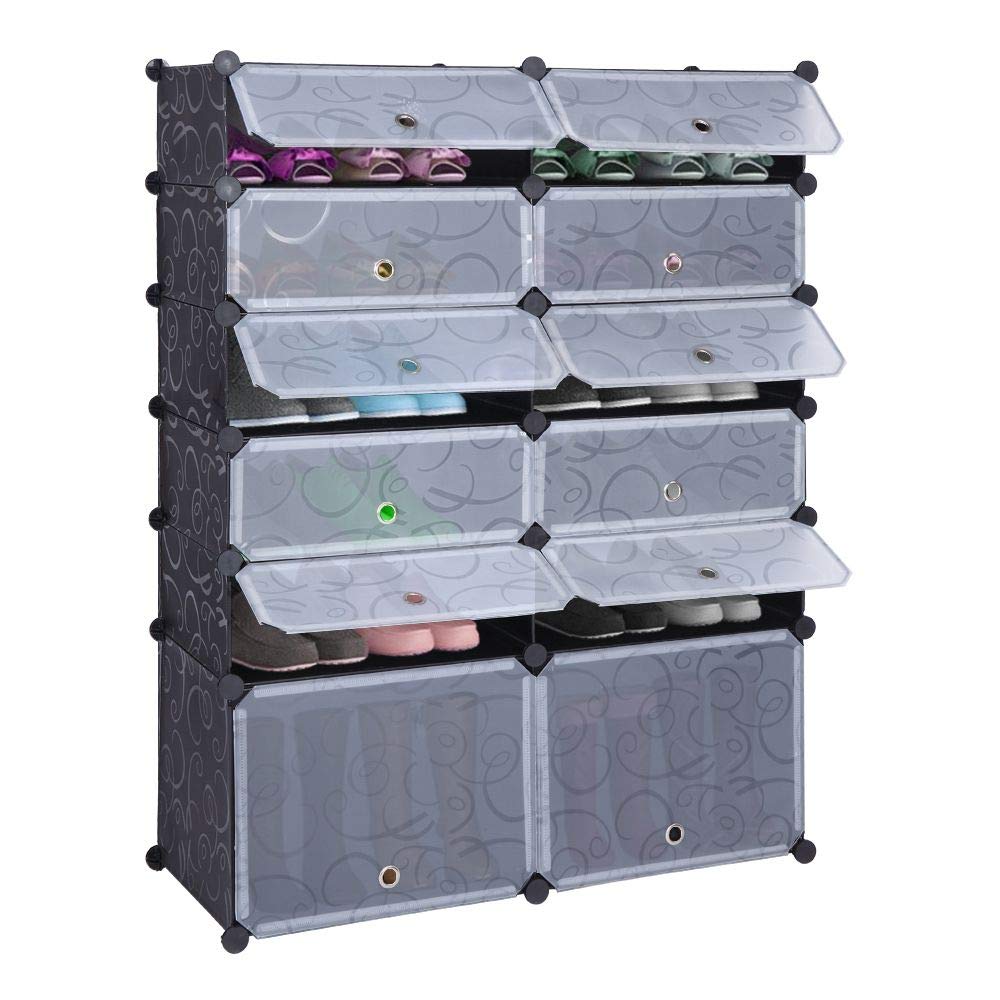 6-Tier Portable Shoe Rack - 24 Pairs Shoe Storage Organizer Cabinet for Entryway, Closet & Bedroom - Space-Saving Plastic Shoe Shelf (12 Cube, Black) - Perfect for Small Apartments & Dorm Rooms