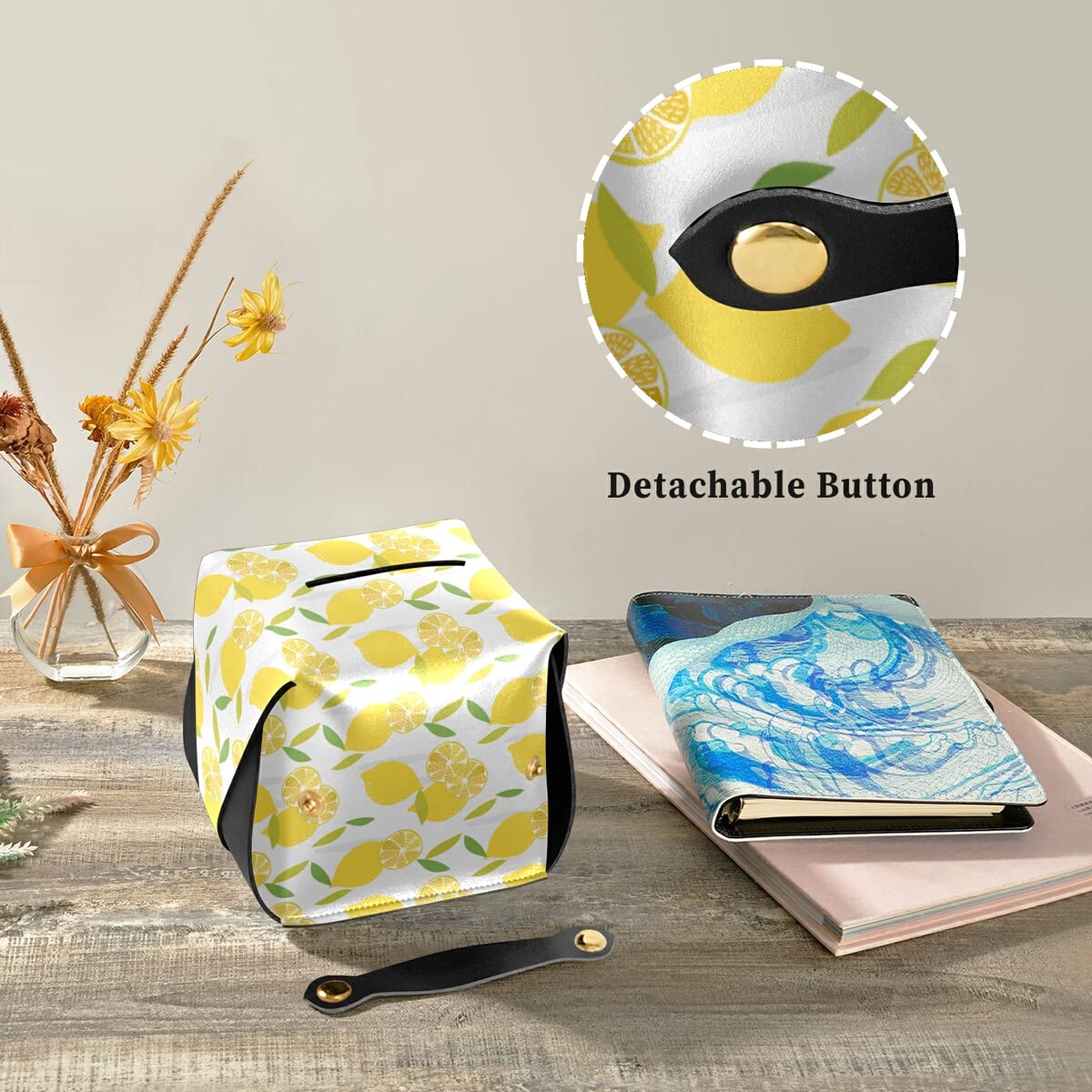 Premium PU Leather Lemon Tissue Box Cover - Rectangle Facial Tissue Dispenser with Hanging Loop for Bathroom, Kitchen, Nightstand & Office Decor | Summer Fruit Theme Home Accessory