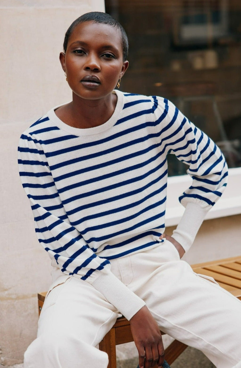 Premium Merino Wool Striped Crew Neck Sweater for Men & Women | Soft Warm Winter Pullover | Cream & Navy Stripes | Casual Office Wear & Outdoor Activities