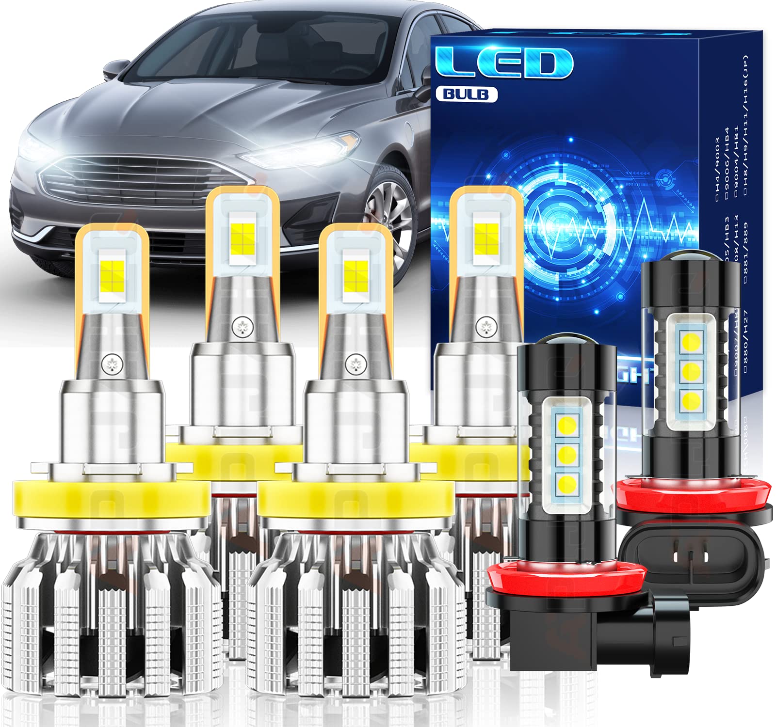APLJZHZQ 2019-2020 Ford Fusion LED Headlight Bulbs Combo - H9 H11 High/Low Beam & Fog Lights - 600% Brighter 6500K White - IP67 Waterproof - Plug & Play (6-Pack) - Perfect for Night Driving & Foggy Conditions