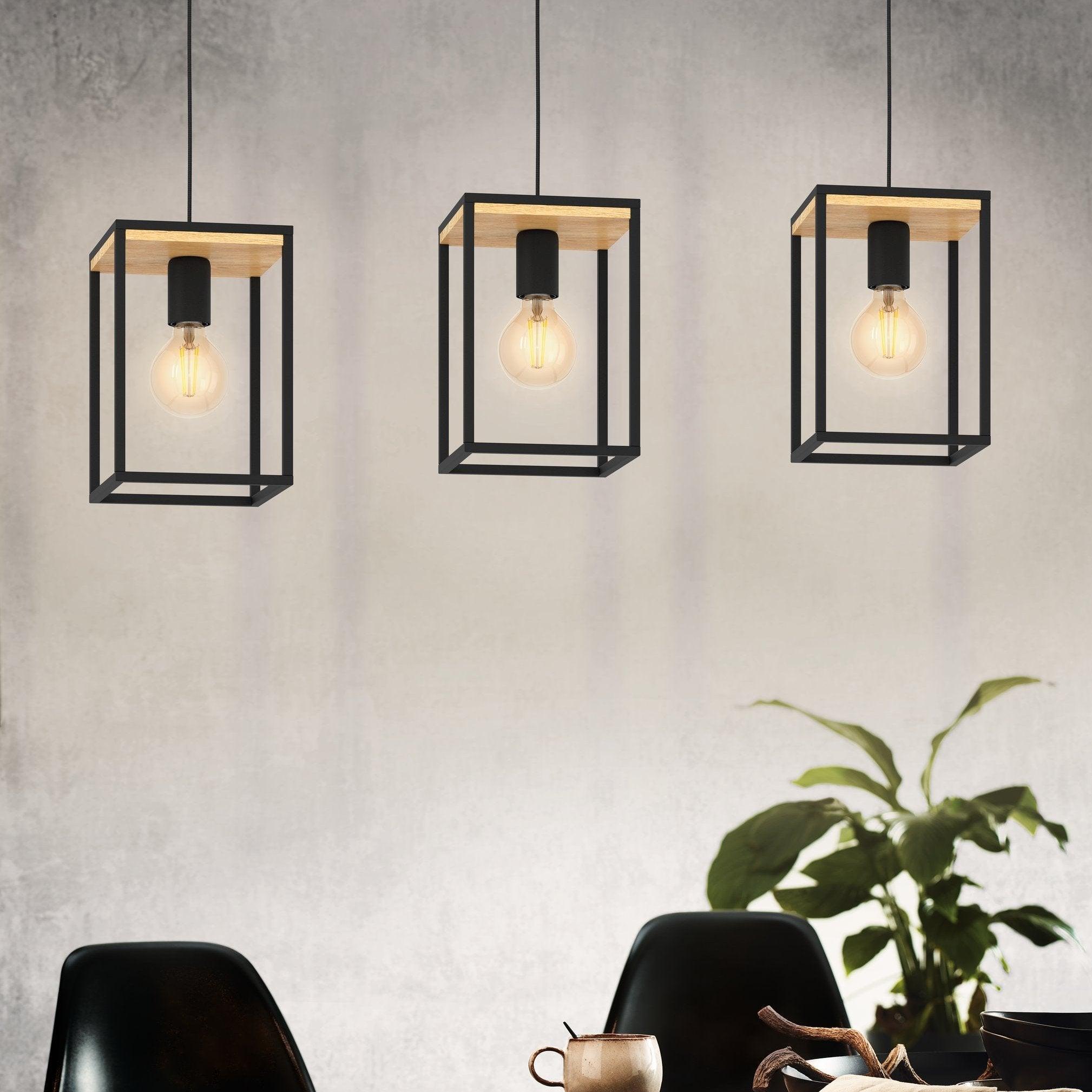 Eglo Libertad 3-Light Black Metal & Wood Pendant Light Fixture - Modern Farmhouse Ceiling Lighting for Dining Room, Kitchen Island, or Entryway