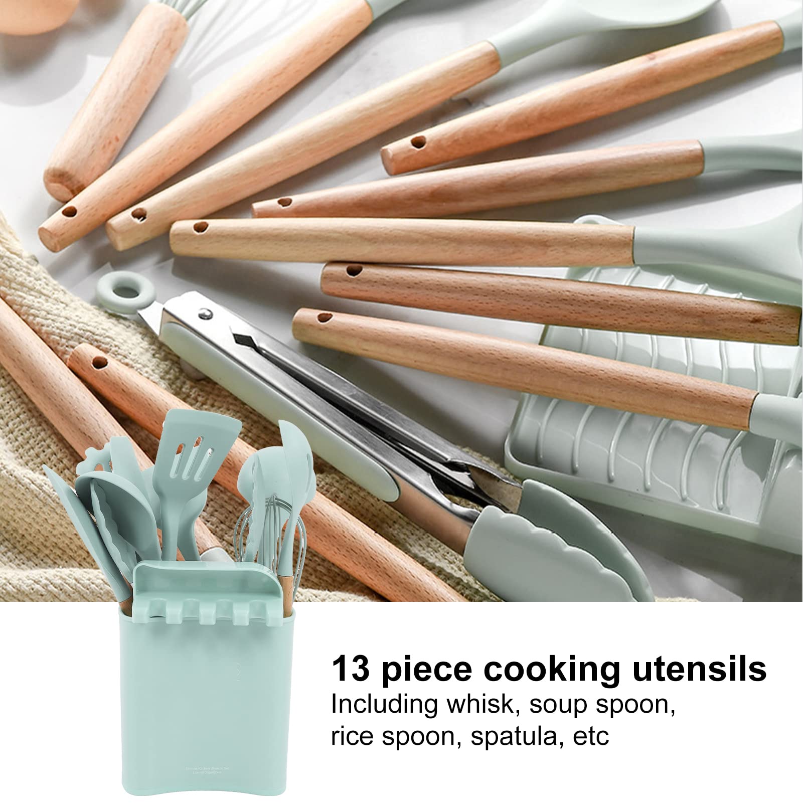 13-Piece Silicone Cooking Utensil Set with Wooden Handles & Holder - Safe for Nonstick Cookware, Heat Resistant Kitchen Tools for Baking, Frying & Everyday Cooking