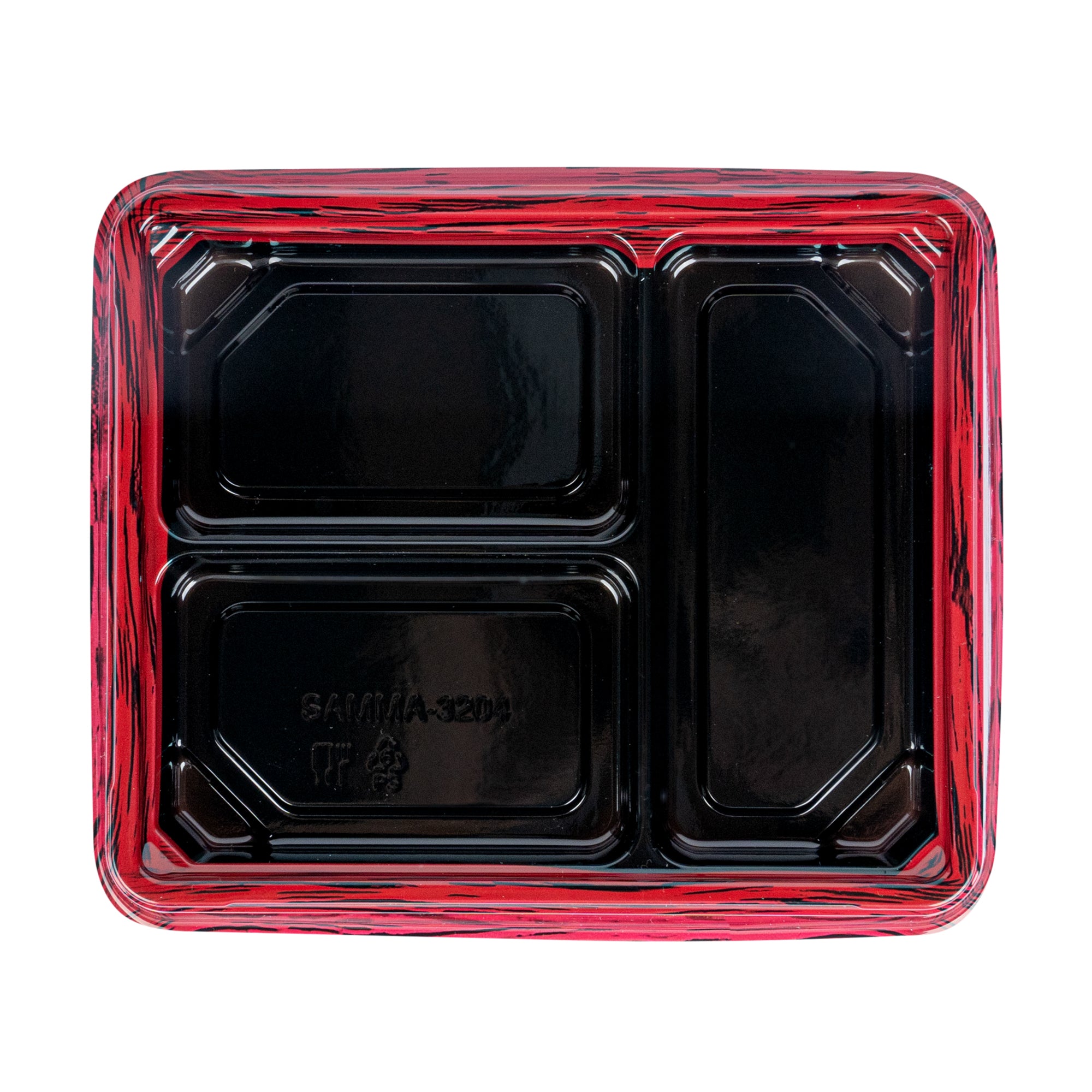Bento Tek 16 oz Rectangle Red and Black Plastic Bento Box - 3 Compartments Lunch Container (8.75