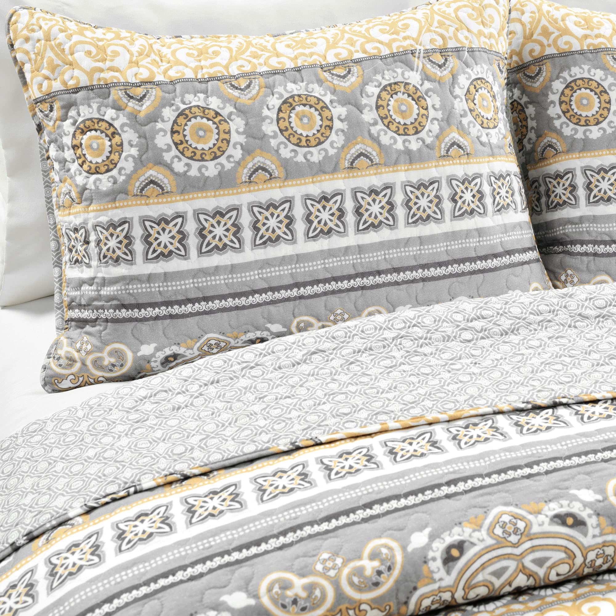 Lush Decor Nesco Reversible Quilt Set - King, Yellow & Gray for Cozy Bedroom