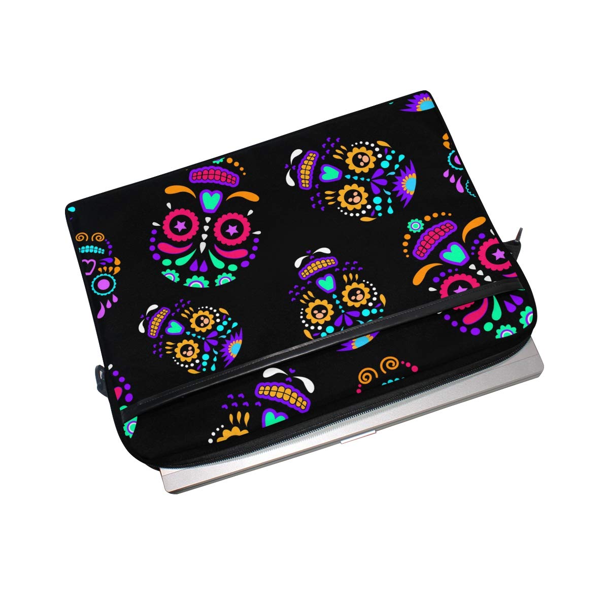 Vibrant Day of The Dead Sugar Skull Floral Laptop Sleeve - Convertible Crossbody Messenger Bag with Strap Pocket for MacBook Air/Pro, Surface, Dell, ASUS, HP, Lenovo 15-15.4 Inch | Perfect for Work, Travel & School Accessories