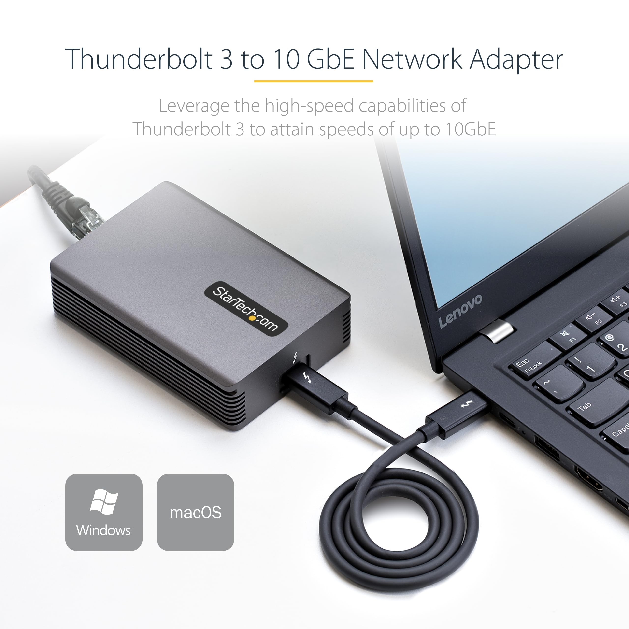 StarTech.com Thunderbolt 3 to Ethernet Adapter - 10GbE Multi-Gigabit RJ45 Network Converter with TB3-Certified Cable (10GBASE-T/5-2.5GBASE-T) for Windows & Mac - Perfect for High-Speed Data Transfer, Gaming, and Video Editing