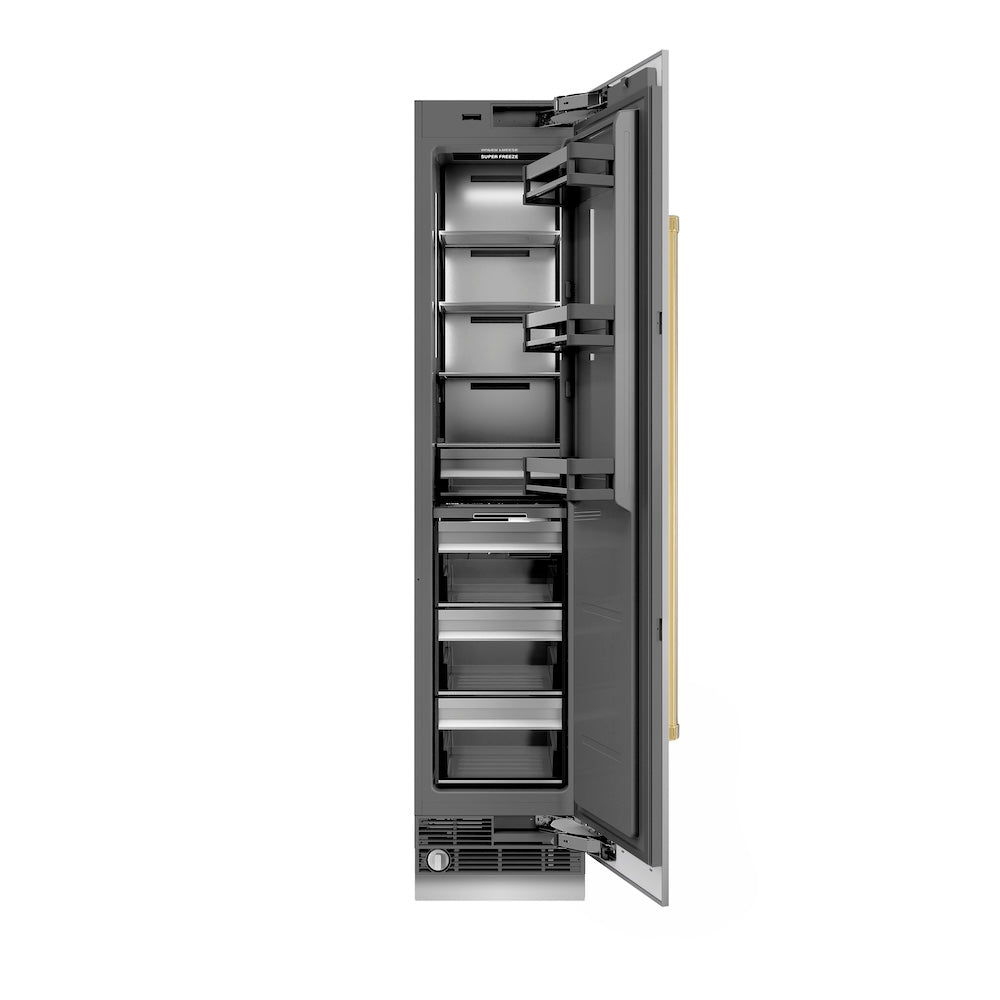 ZLINE Autograph Edition 18 Inch 8.6 cu ft Right Hinge Stainless Steel Column Freezer with Graphite Gray Interior & Polished Gold Accents - Perfect for Home Bars, Basements, and Commercial Kitchens (RCFVRZ 304 18 G)