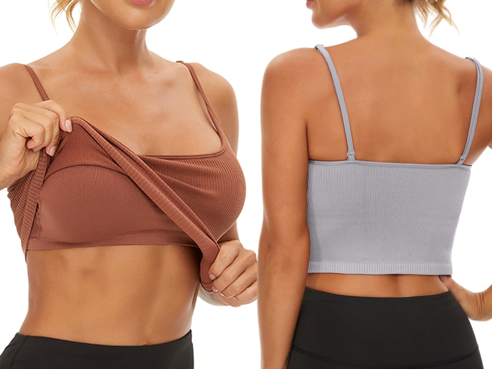 Chilylori Seamless Sports Bra & Cropped Tank Top for Women - Adjustable Straps, Ribbed Workout Tops (2 Pack) | Yoga, Gym, Running & Fitness Activities