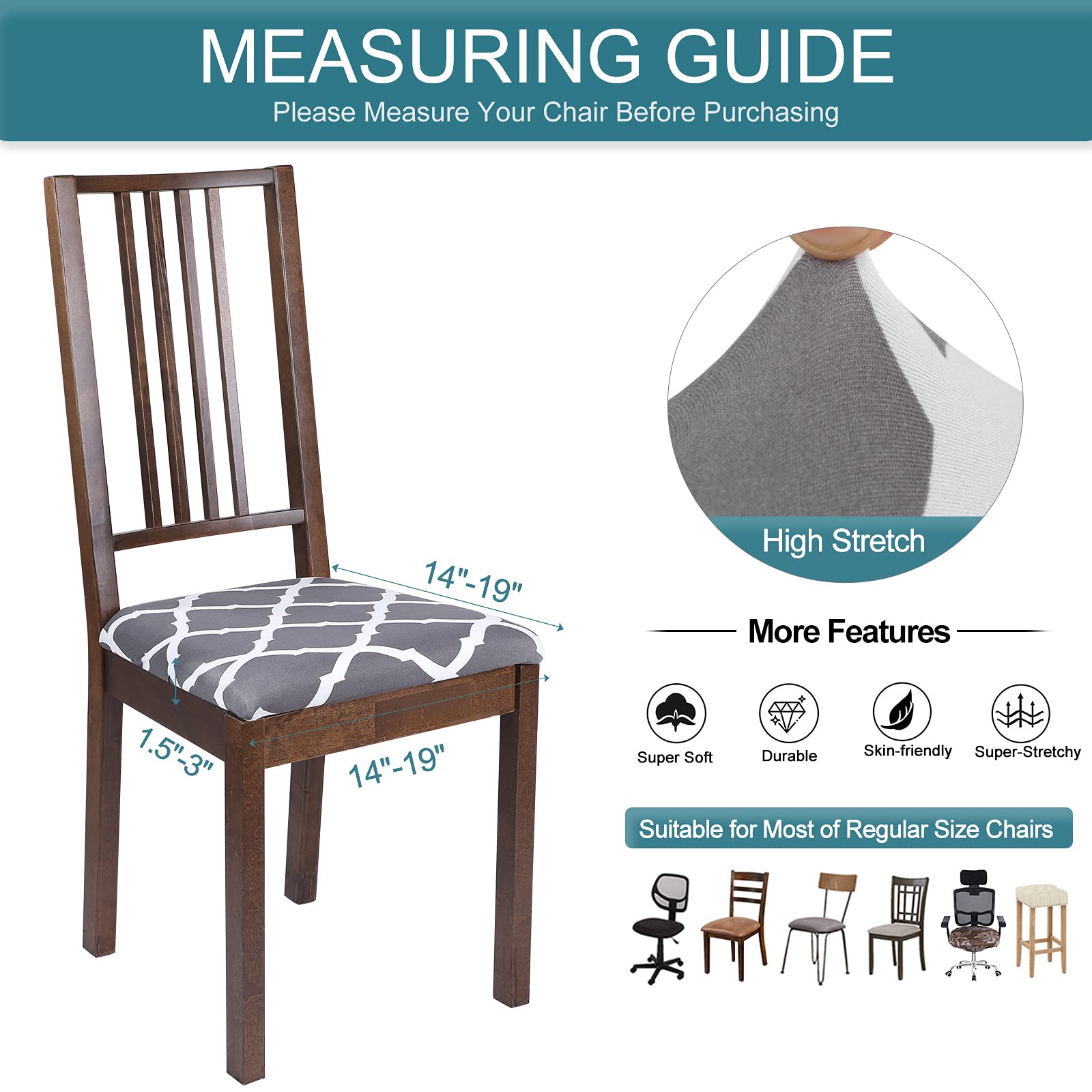 Stretch Printed Dining Room Chair Seat Covers Set of 4 - Washable Bench Slipcover, Grey Fabric Upholstery Protector for Kitchen & Dining Furniture - Perfect for Home, Restaurant, and Office Use
