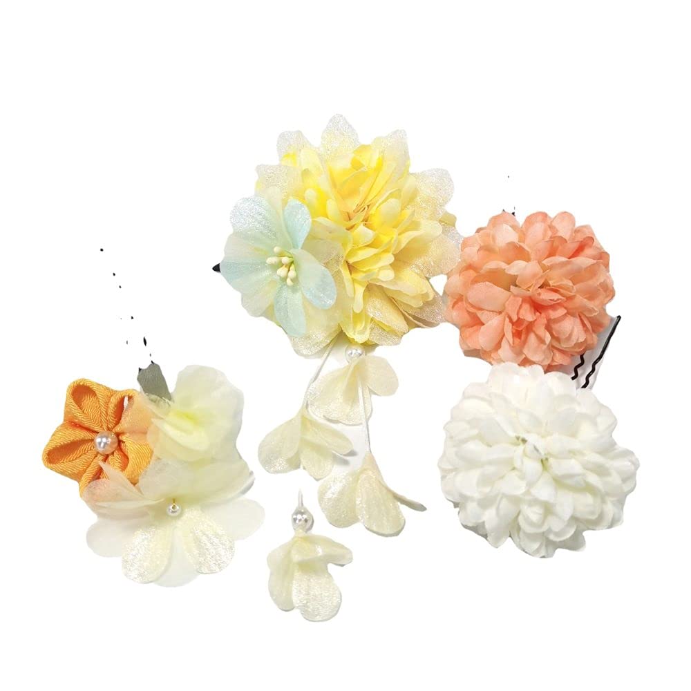 Japanese Hair Clips Set - Elegant Kimono Flower Hair Barrettes & Pearl Hair Pins for Women & Girls - Perfect for Summer Festivals, Weddings, and Daily Styling - Yellow Floral Hair Accessories
