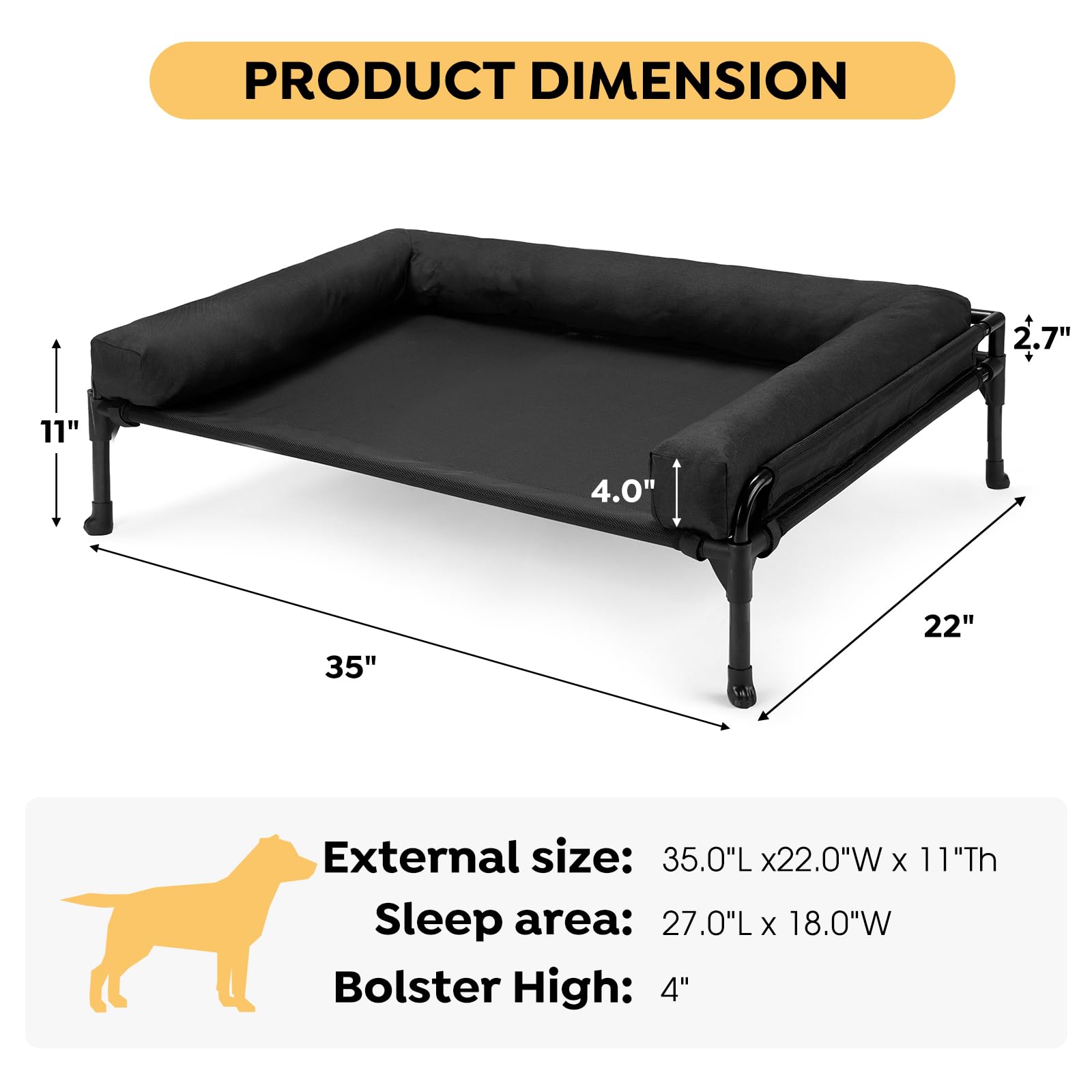 Veehoo Elevated Cooling Dog Bed for Large Dogs - Outdoor Raised Pet Cot with Mesh, No-Slip Feet & Removable Bolster - 35