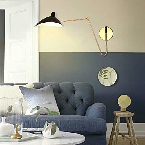 Contemporary Adjustable Wall Mounted Lamp - Gold & Black LED Swing Arm Light Fixture with Curved Arm for Bedroom, Hotel, Garage, Porch, Cafe | Modern 1-Light Sconce Lighting for Home & Commercial Spaces