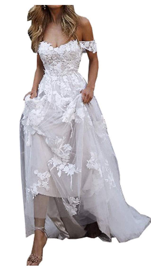 Elegant Off Shoulder Boho Lace Wedding Dress for Women – Romantic Applique Bridal Gown for Beach, Garden & Vintage Weddings