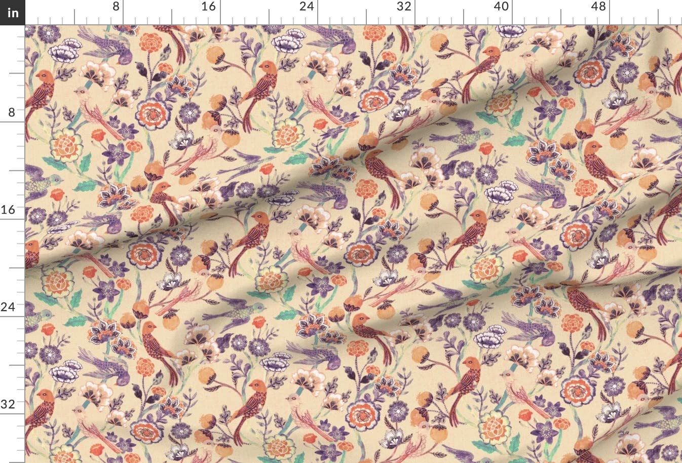 Chintz Paradise Floral Birds Vintage Printed Minky Fabric by The Yard - Bohemian Exotic Weathered Look Soft Fabric for Sewing, Baby Blankets, Quilt Backing & Plush Toys - Perfect for Nursery Decor, DIY Crafts & Home Textile Projects