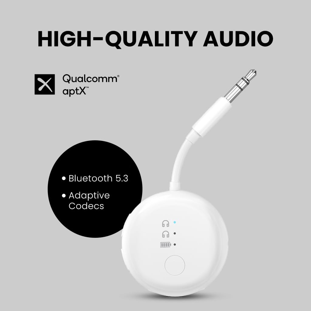 Avantree SoundJet R1 - Bluetooth 5.3 Airplane Audio Adapter for Dual AirPods/Headphones | 20-Hour Battery | Wireless Transmitter for Flights, Travel, Gym, TV & Tablet | Perfect for In-Flight Entertainment & Workouts