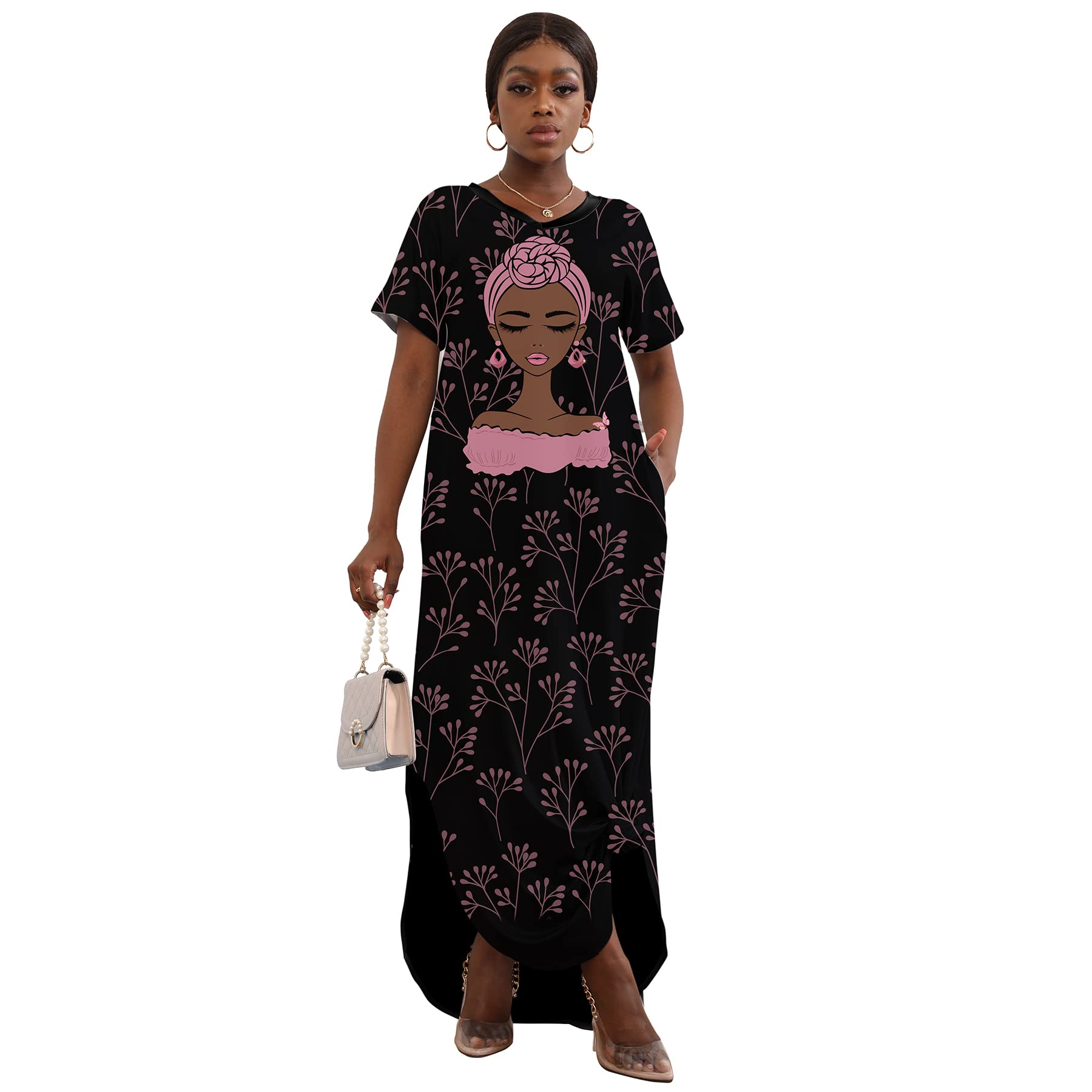FZNHQL Black Women's Short Sleeve V-Neck Maxi Dress - African Melanin Girl Print Floral Long Casual Dress for Summer, Beach, Party & Everyday Wear