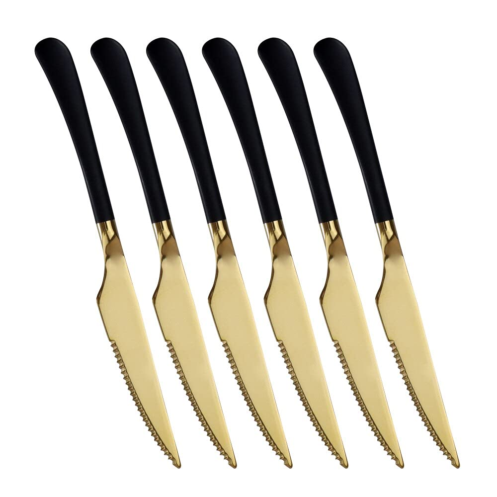 Premium 6-Piece Black Gold Steak Knife Set - High-Quality Stainless Steel Dinner Knives for Steak, BBQ & Meat Cutting - Perfect for Restaurant, Bar, Home Kitchen & Dinner Party Cutlery
