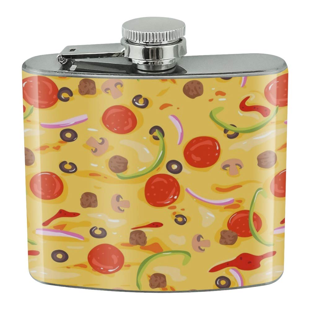 Stainless Steel 5oz Hip Flask with Pizza Pattern - Pepperoni, Olives & Onions Design | Perfect for Outdoor Adventures, Parties & Gifts