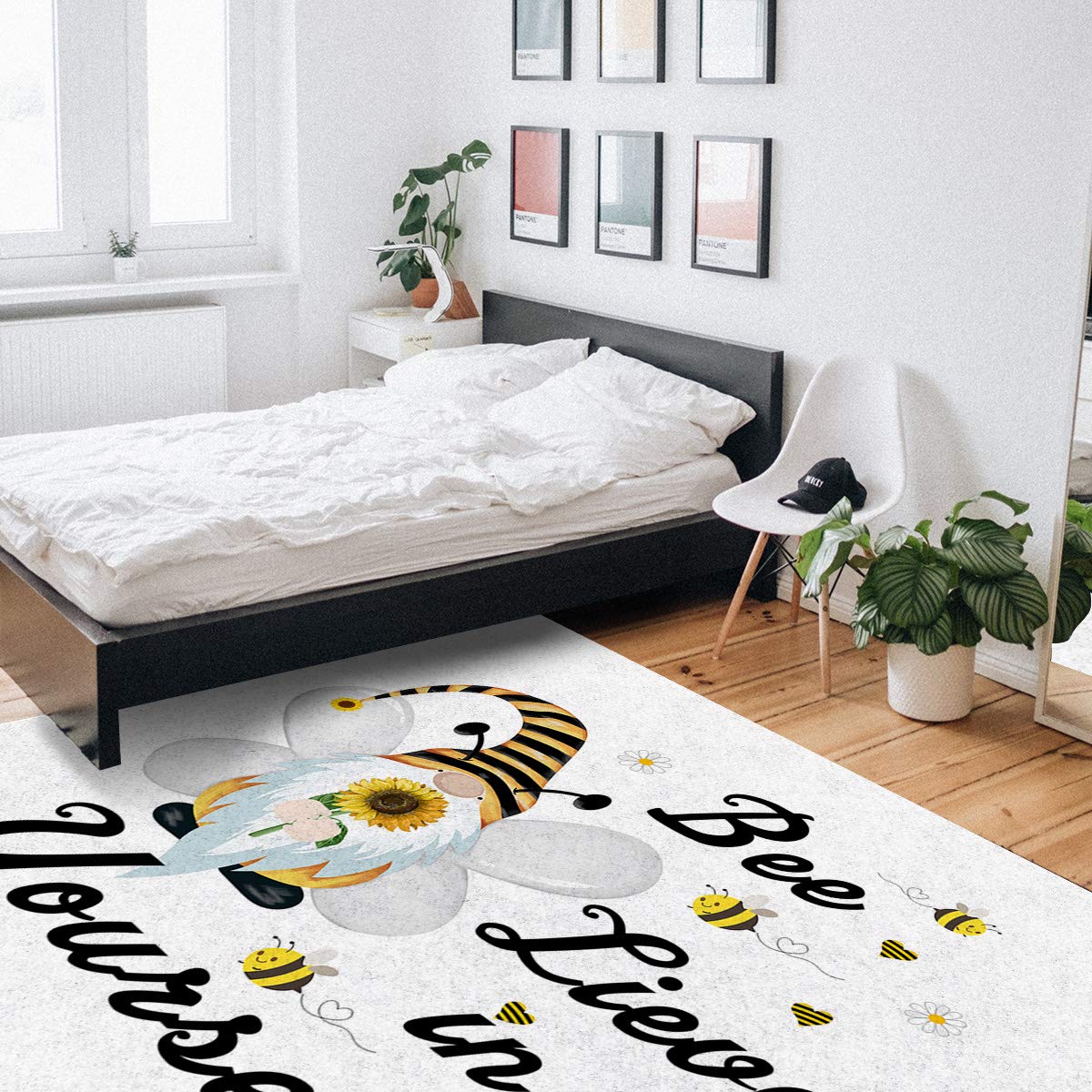 5'x7' Yellow Sunflower Geometric Stripe Non-Slip Area Rug - Washable Accent Carpet for Living Room, Bedroom, Kitchen, Front Porch & Bathroom | Gnome & Bee Design Floor Mat for Home Decor