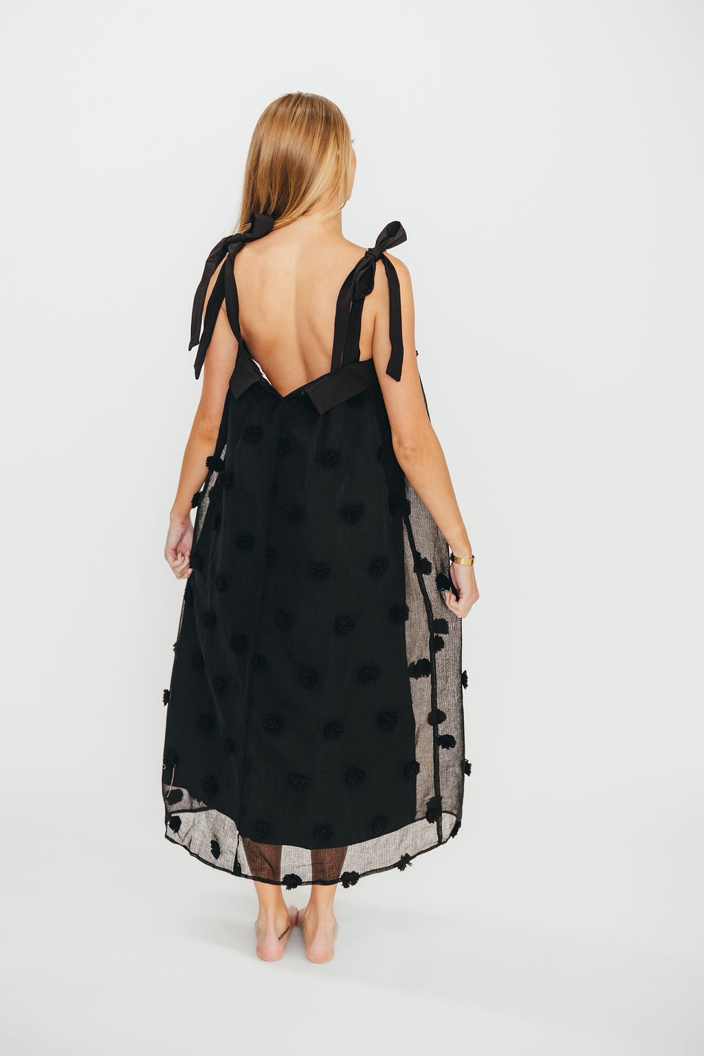 Black Catalina Blossom Embroidery Tie Strap Midi Dress - Floral Summer Dress for Beach Vacation, Garden Party & Date Night