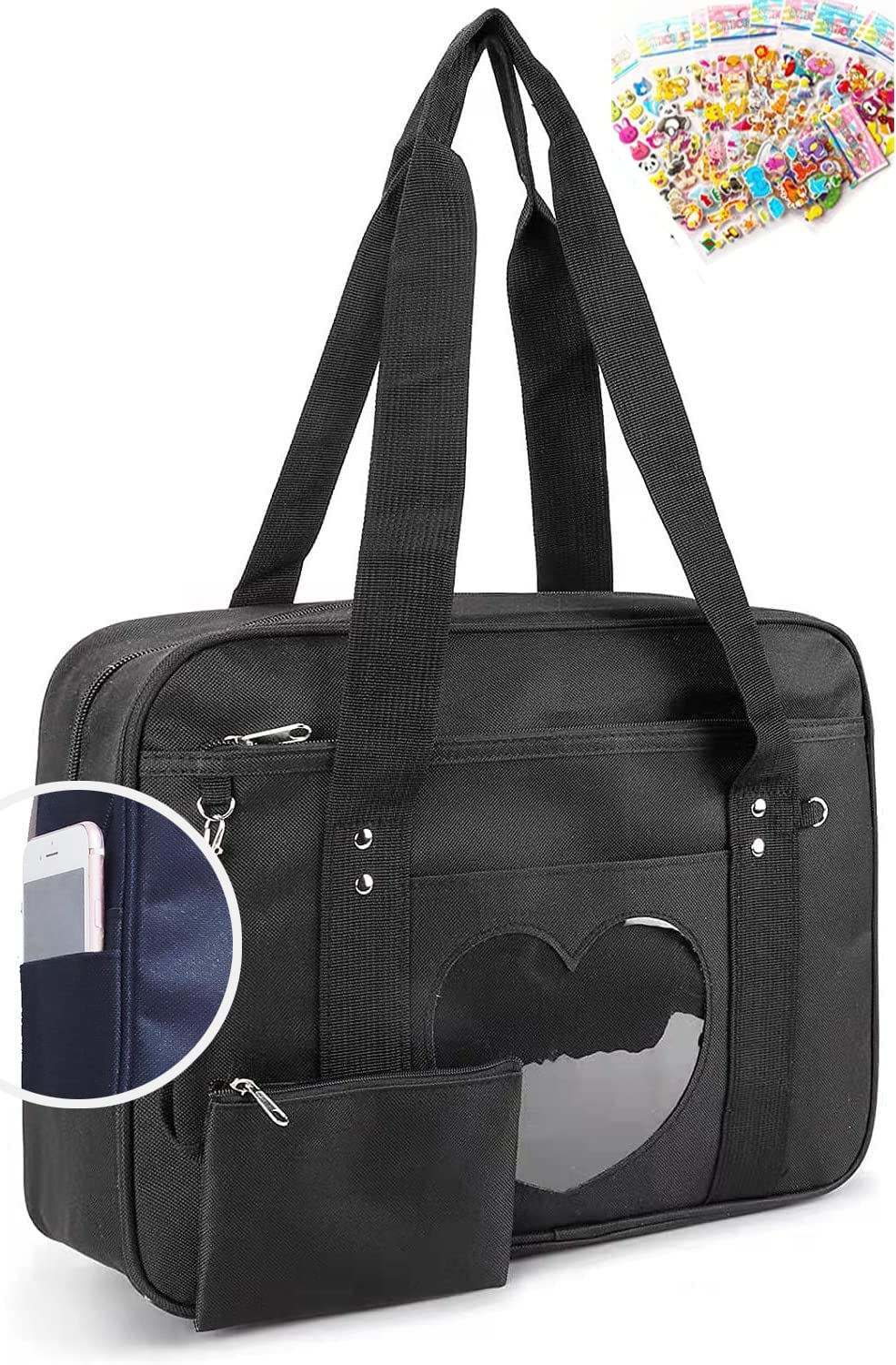 **Kawaii Anime Heart Japanese School Backpack & Wallet Set - Cute ITA Bag with Stickers, Trendy Shoulder Backpack for College, Laptop Essentials - Perfect for Teen Girls, School Supplies & Daily Use**    *(Use Case: Ideal for school, college, travel, or daily outings – stylish and functional for carrying books, laptops, and accessories.)*