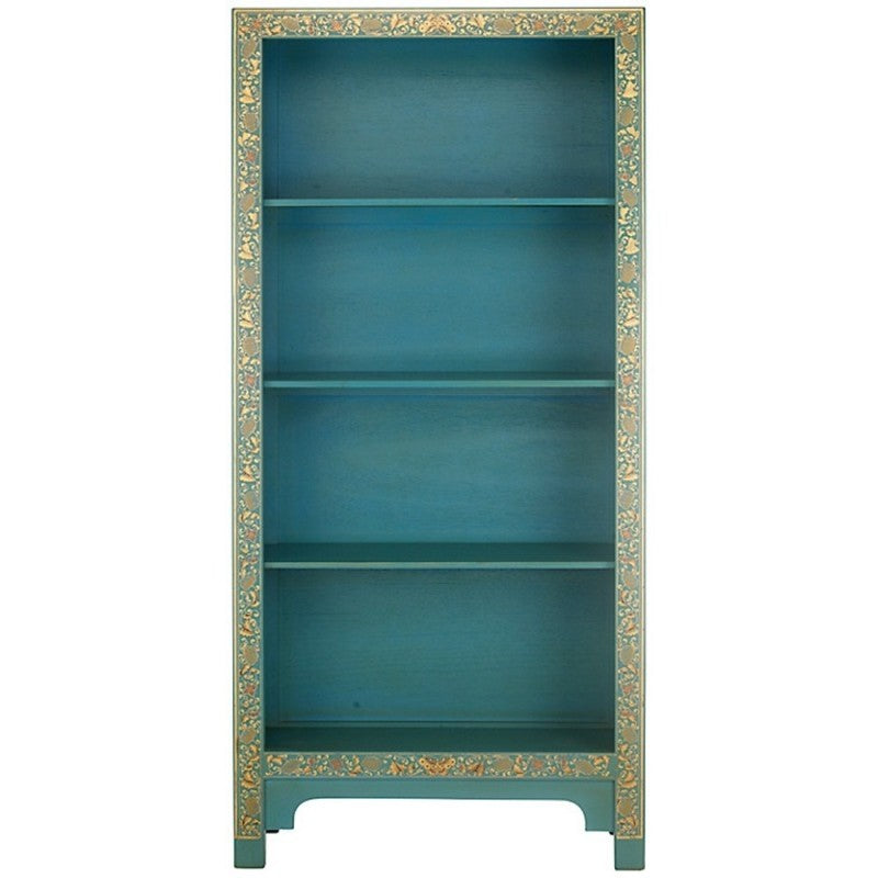 Golden Dragon Oriental Painted Solid Wood Blue and Gold Bookshelf 80x30x170cm - Handcrafted Asian Style Bookcase with Gold Accents for Living Room, Office & Library Decor