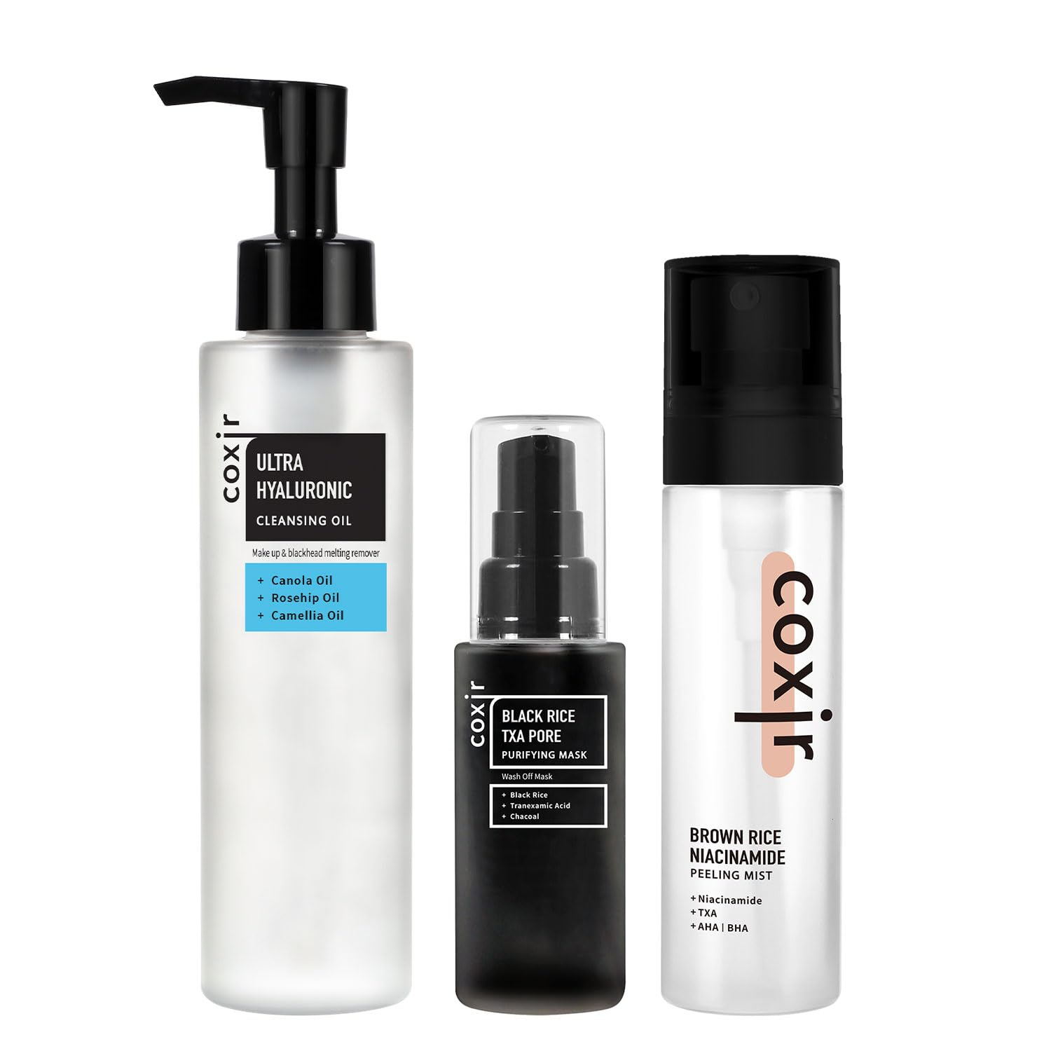 Coxir Ultra Hyaluronic Cleansing Oil 5.07 fl.oz + Black Rice TXA Pore Mask 1.69 fl.oz + Brown Rice Niacinamide Peeling Mist 2.70 fl.oz | Korean Skincare Set for Hydration, Pore Care & Exfoliation | Perfect for Dry, Oily & Combination Skin
